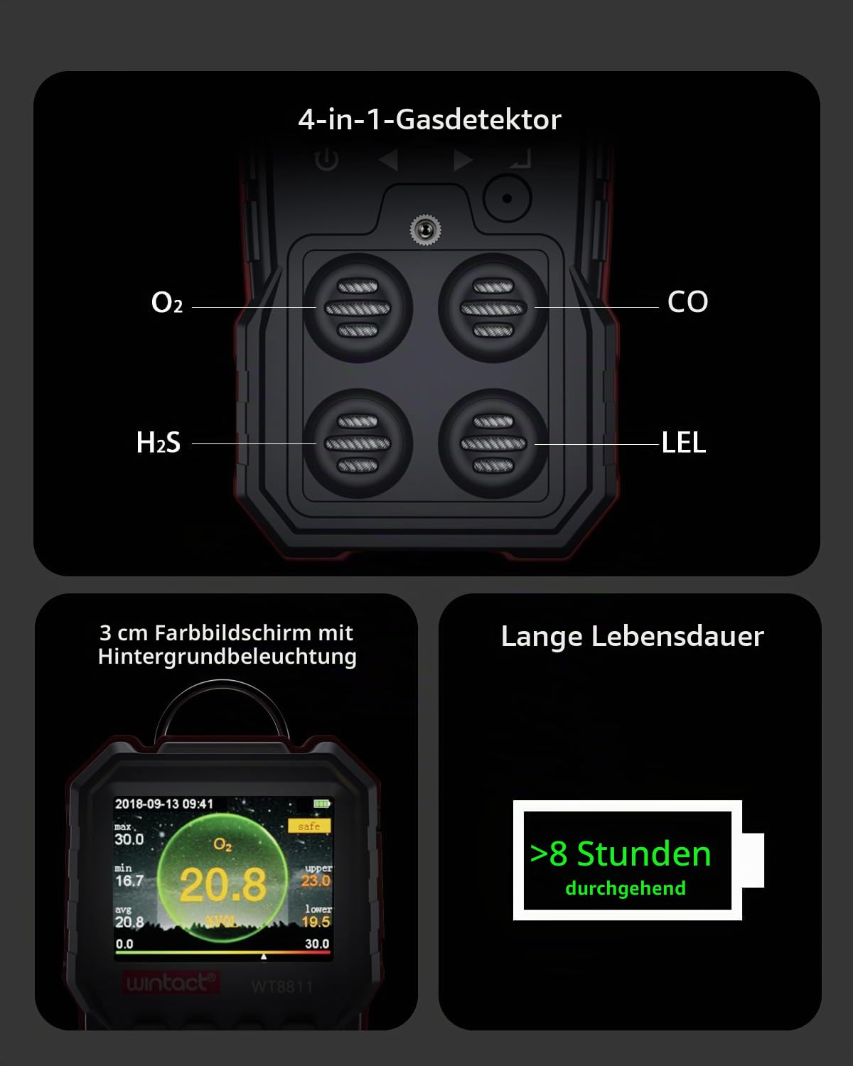 Wintact 4 in 1 Gasleckdetektor, Monitor Multi Gas Alarm Sniffers Brennbar, Natürlich, Methan, Propan, Kohlenmonoxid, Schwefelwasserstoff, Sauerstoff für Zuhause, Wohnmobil, Kanalisation (WT8811)