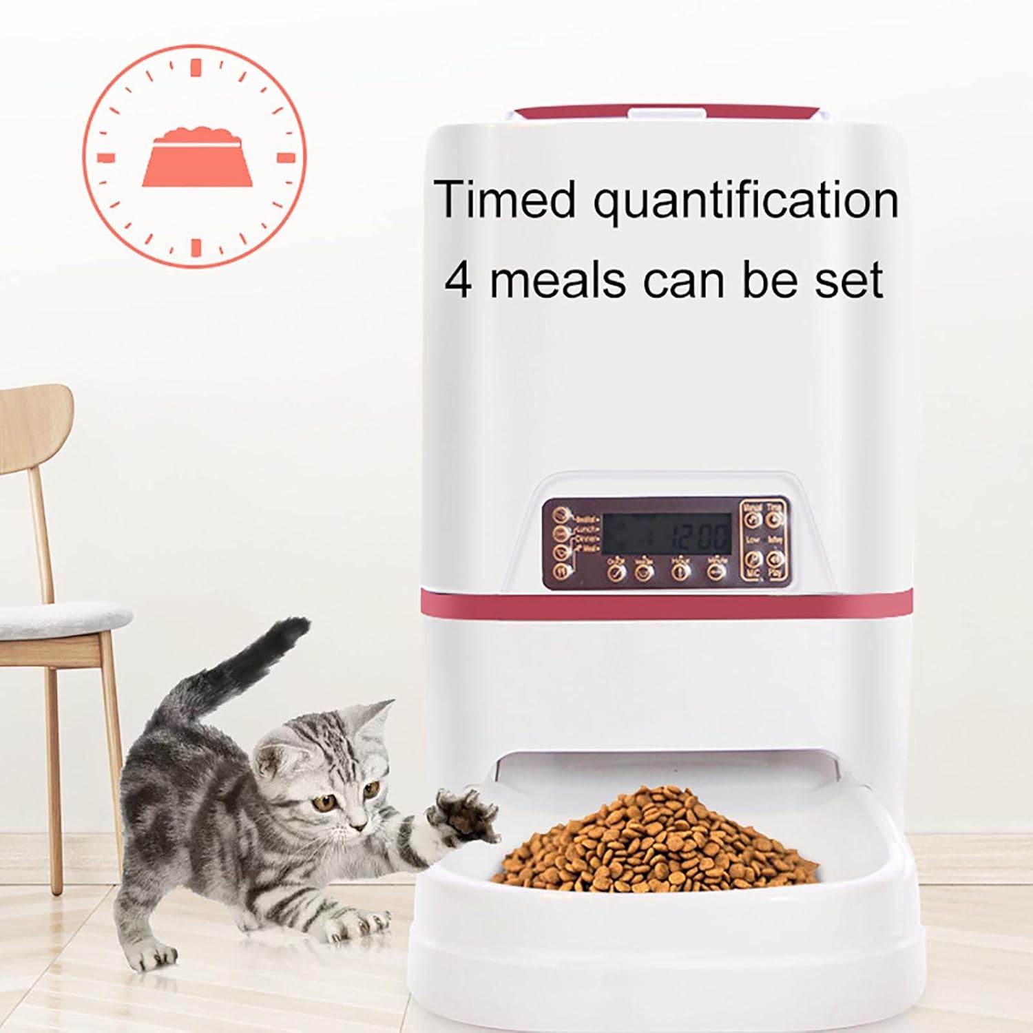 Image showing the automatic pet feeder with text 'Timed quantification 4 meals can be set' and a cat reaching for food.