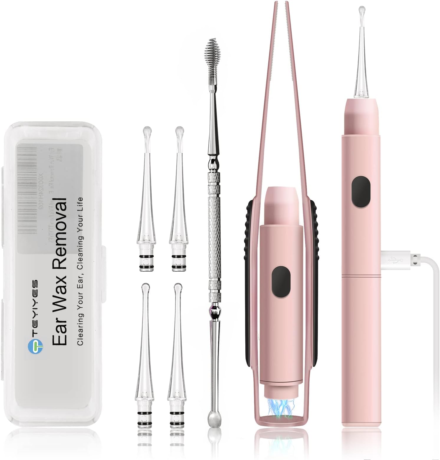 Ear Wax Removal with Light, Earwax Removal Kit Upgraded All in One Rechargeable Ear Cleaning Kit with Light/Ear Pick Digger/Ear Tweezers/Spiral Spring Ear Spoon for Adults Kids and Pets (Pack of 7)