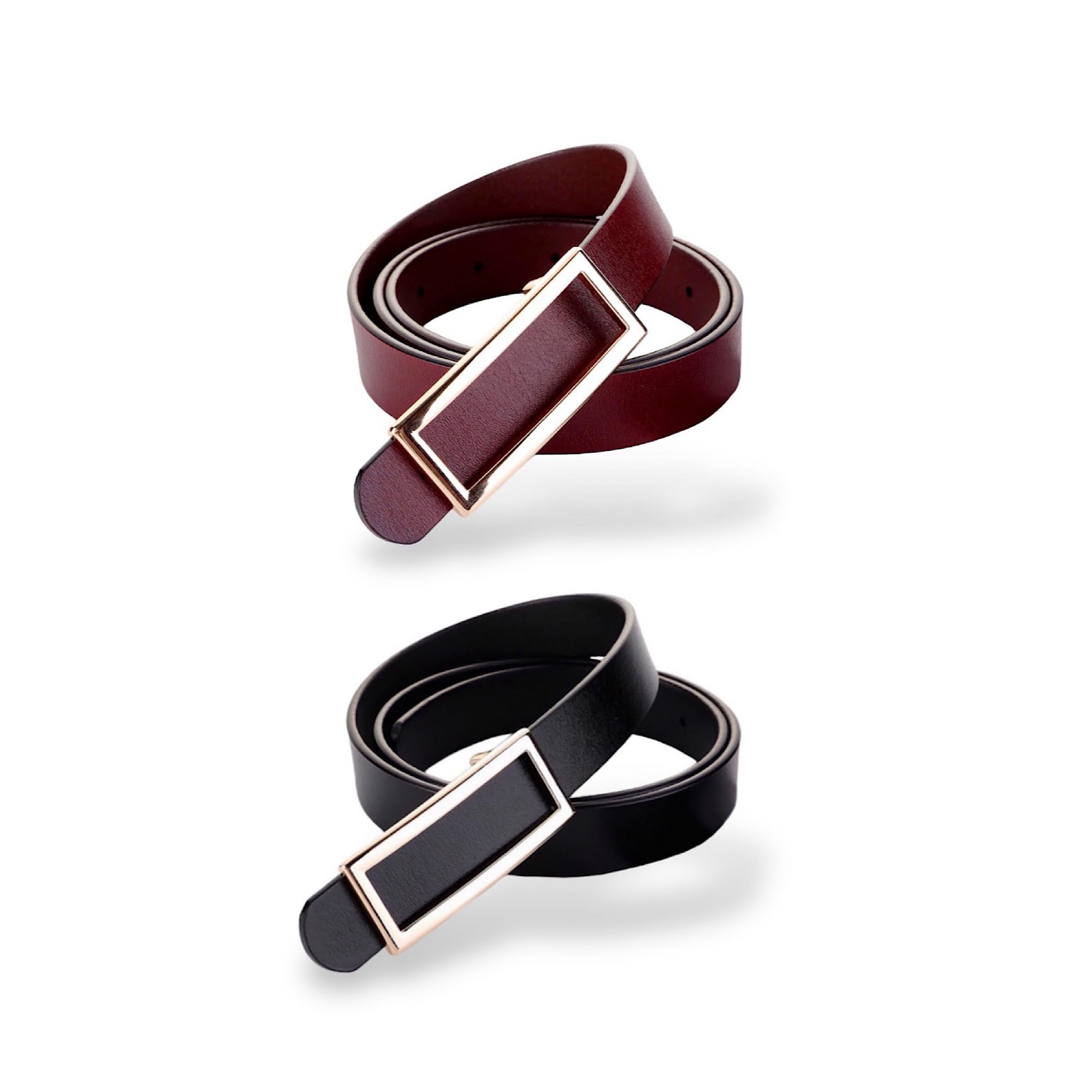 Women's Belt Genuine Durable Leather Belts Width 0.80" Waist Belt Gold Solid Color Rectangle Buckle Waistband, 2-pack, Black & Burgundy, For Waist 29"- 31", Women Size S-M, 4-6