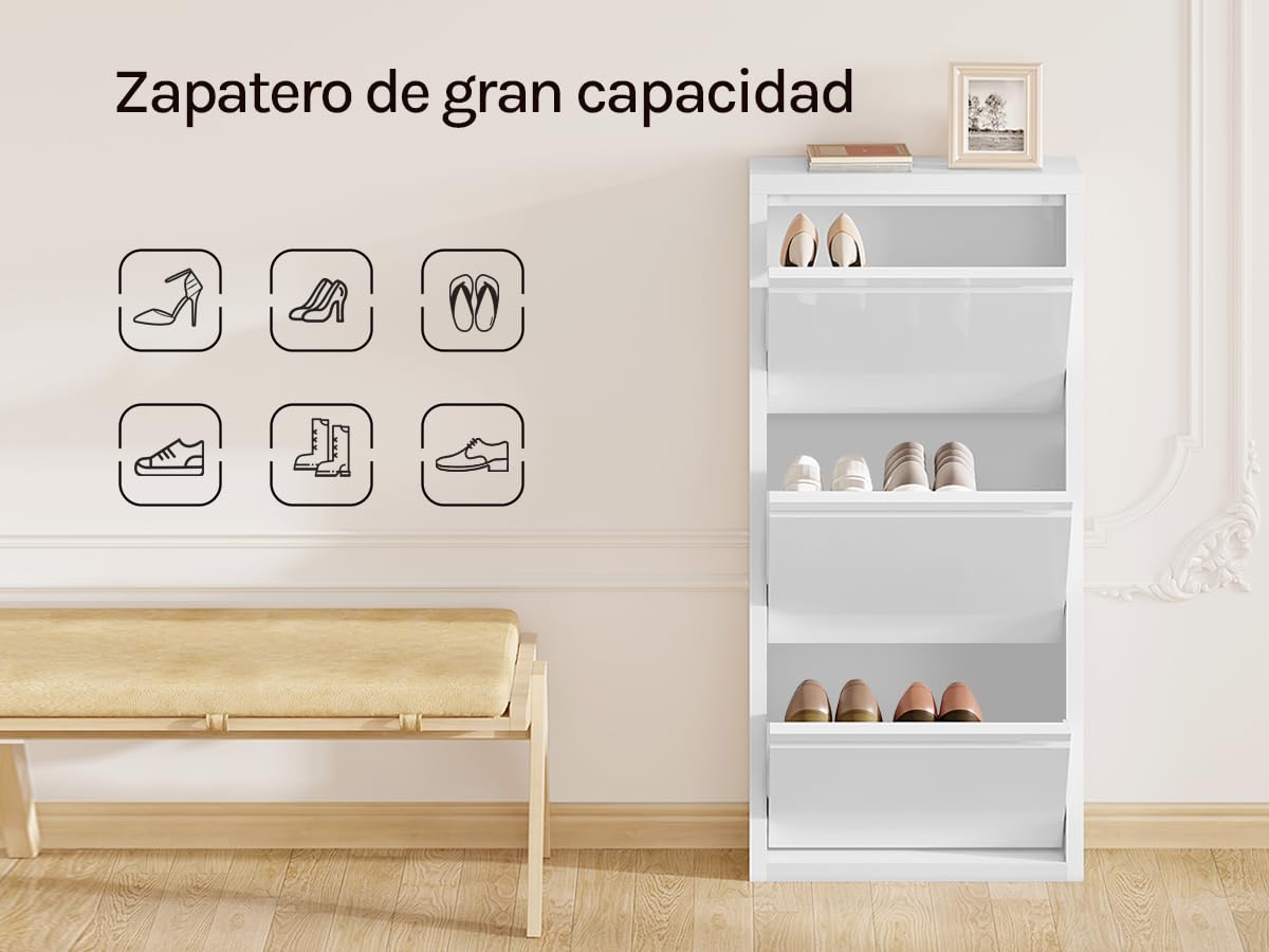 WOLTU Zapatero Entrada Recibidor, con 3 Cajones Abatibles, Mueble Recibidor, Organizador para Zapatos, Metal, Ahorro de Espacio, Blanco, 50x15x106 cm