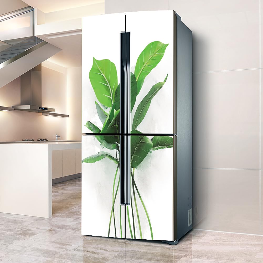 Fridge Sticker, Fridge Sticker Full Covering Door Covers Skins Wall Stickers for Kitchen Decal, Green Leaves White(L: 100x180 cm)