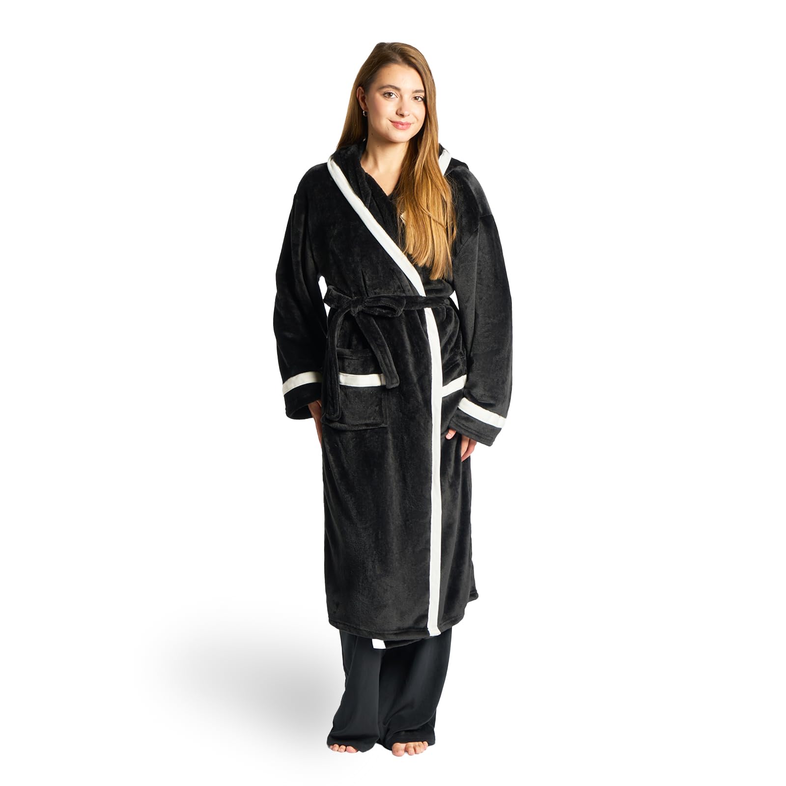 Ohs Unisex Black/White Flannel Fleece Dressing Gowns Piped, Super Soft Warm Hooded Bathrobe Full Length Comfortable Cosy Dressing Gown For Sleepwear Loungewear,