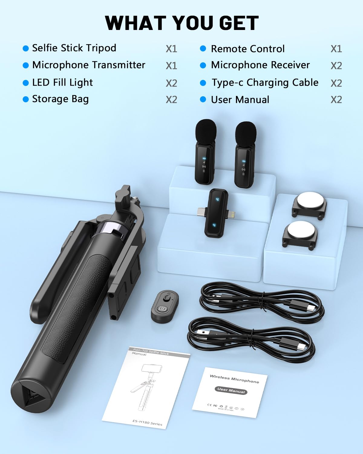 Yeaki Vlogging Kit für iPhone/Android, 180,3 cm Selfie-Stick-Stativ für iPhone mit Licht, kabelloser Fernbedienung und Mikrofon, verstellbares Telefonstativ für TikTok/YouTube Starter Content Creator