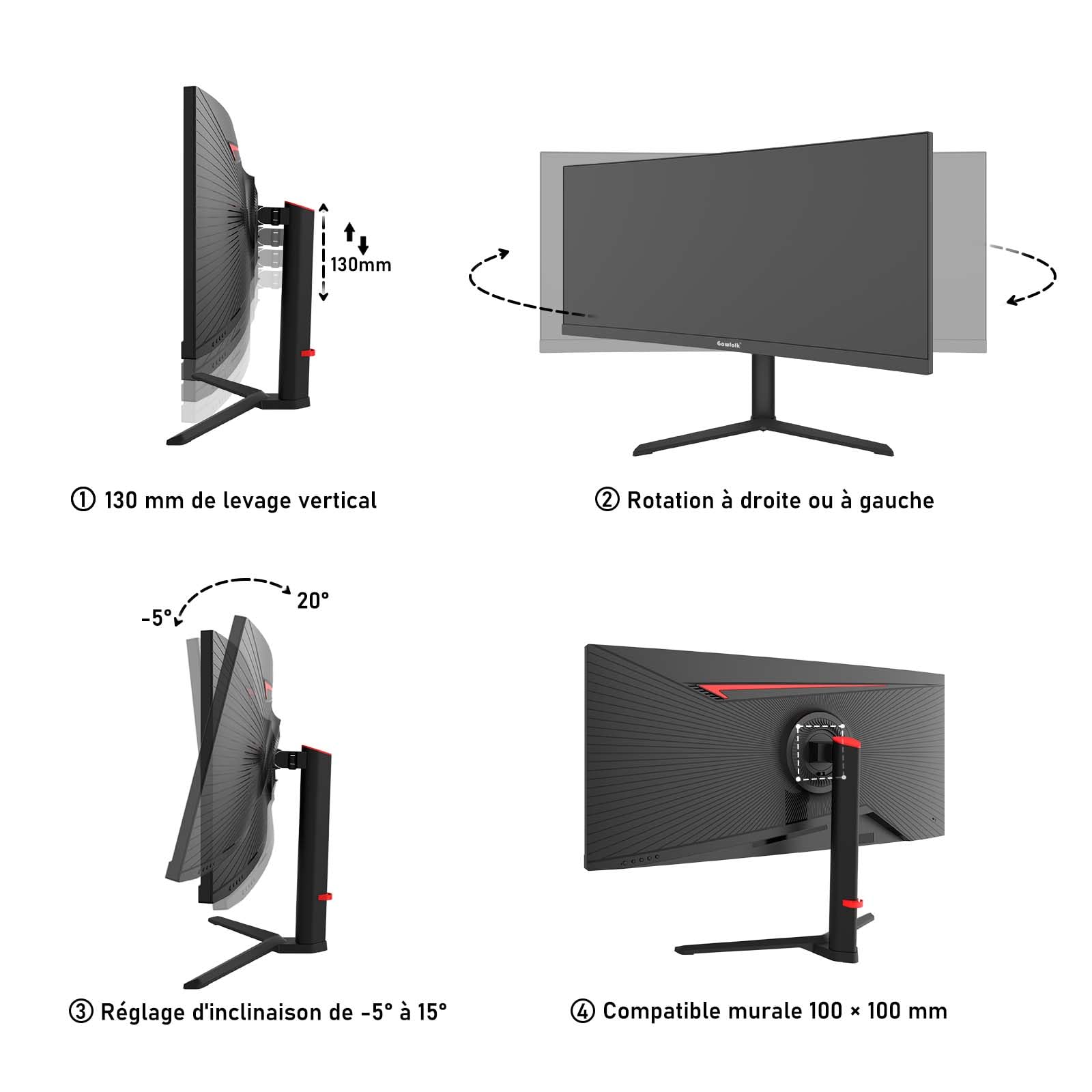 Gawfolk Écran PC Gaming Incurvé Ultrawide 34 Pouces 165 Hz, Moniteur 3800R 21:9 UWQHD (3440x1440), 120% sRGB, 1 ms, Adaptive Sync, Display Port, HDMI, Réglable en Hauteur, Haut-parleurs Intégrés-Noir