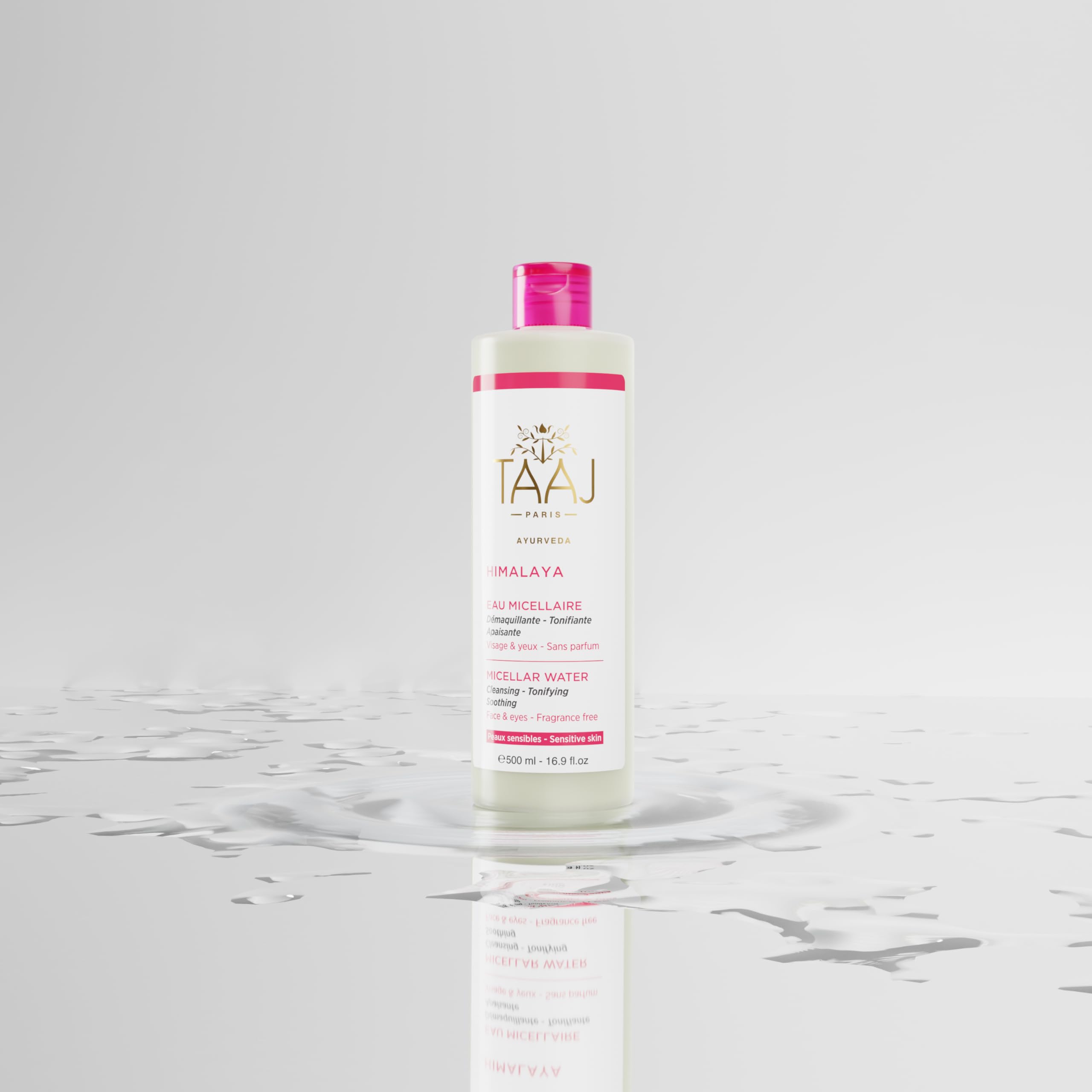 TAAJ | Eau Micellaire Hymalaya | Nettoie et Démaquille | Élimine les Impuretés | Peau Parfaitement Douce et Souple | Peaux sensibles | Fabriqué en France | Végan | Cruelty Free | 2x500ML