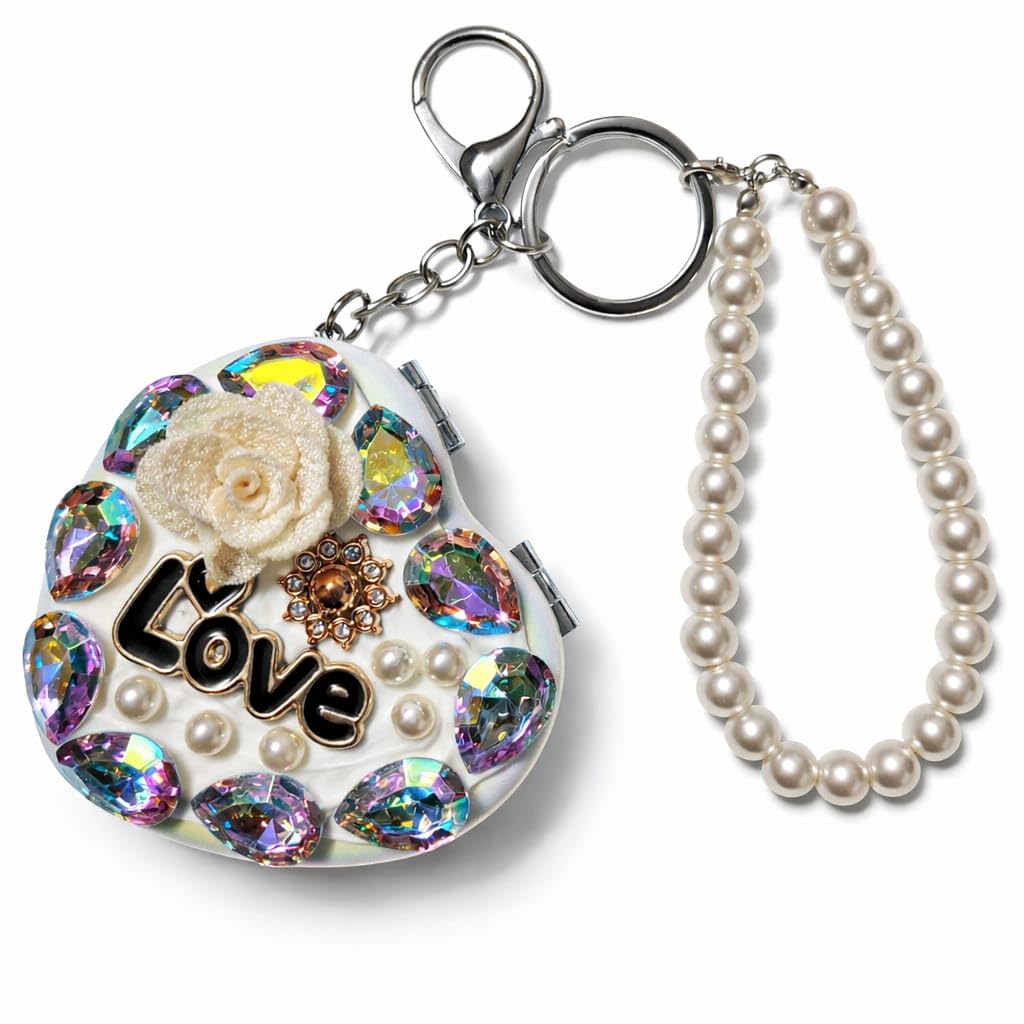 Luxury Rhinestone Heart Keychain & Pearl Crystal Compact Mirror Keychain Set for Women | Bling Bag Charm, Decorative Purse Key Ring with Pearl Strap | Gift for Girls, Ladies & Friends
