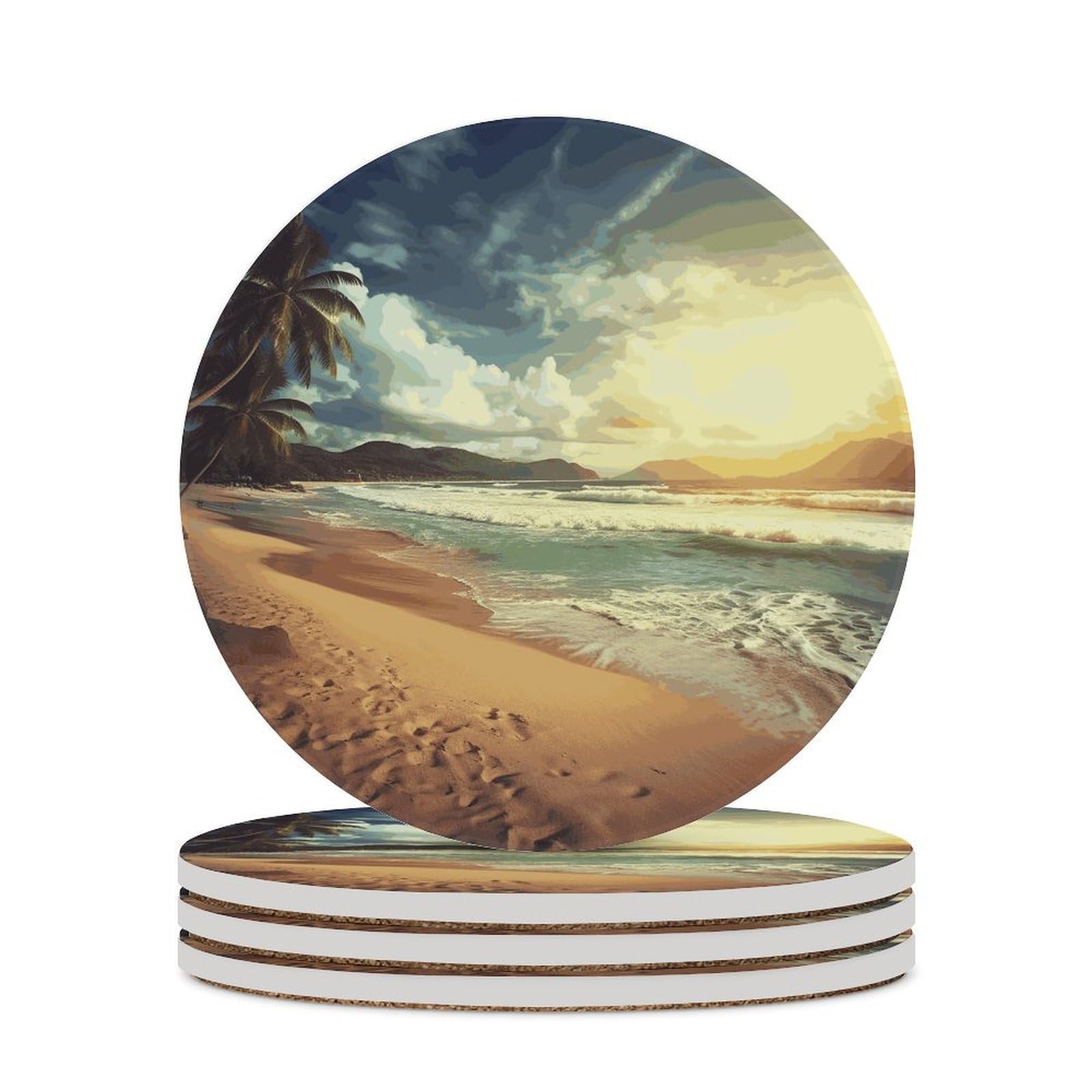 Sunset on The Beach Coaster with Cork Base Drink Coasters for Coffee Table Decor Modern Cup Coasters with Non-Slip & Heat-Resistant Cute Ceramic Table Coaster for Home Dining