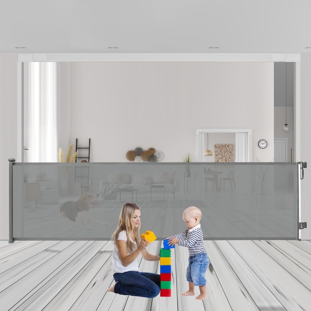 JUPIHOP - Puerta retráctil para escaleras sin taladrar y perforar para bebés y perros, hasta 300 cm, gris, puertas interiores extensibles, puerta de seguridad para niños, barrera de escaleras para