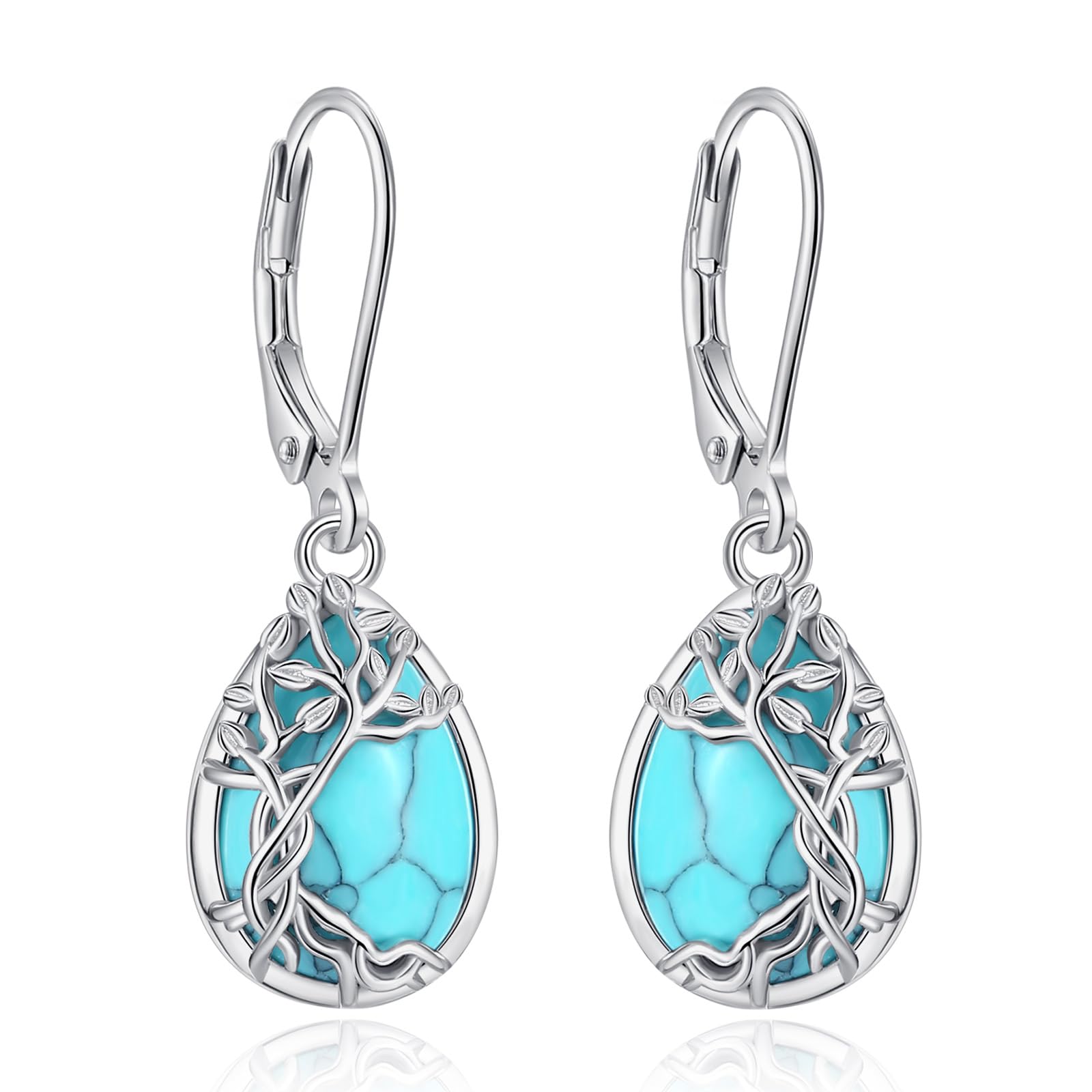 Vito S925 Sterling Silver Dangle Earrings for Women, Turquoise Moonstone Teardrop Tree of Life Filigree Leverback Earrings Dangle Earrings for