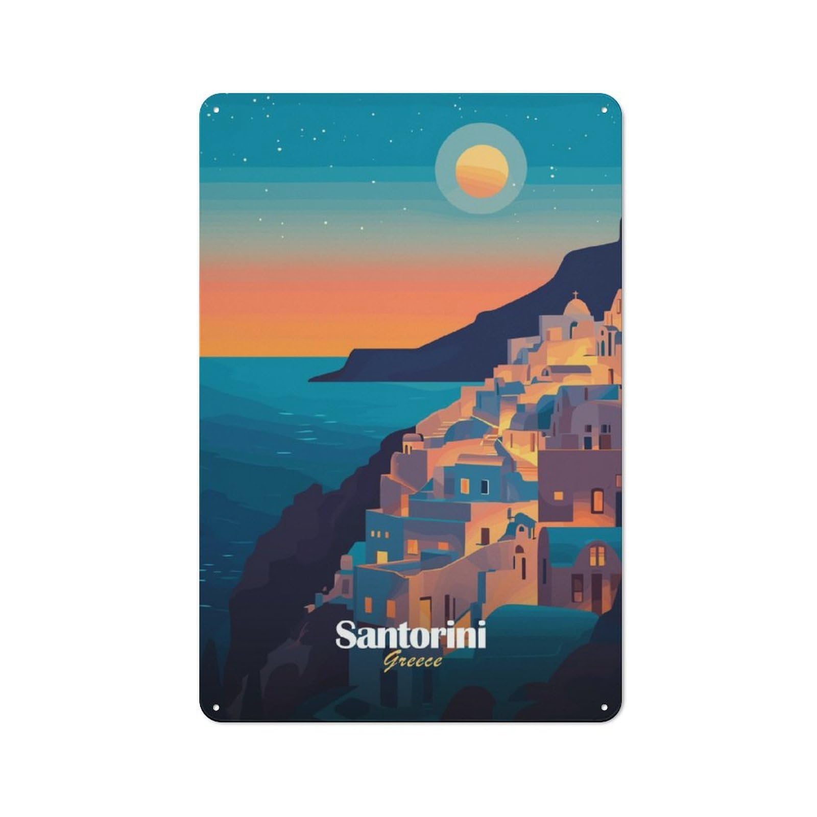 Junmoney Santorini Sunset Vintage Tin Sign 30X20cm With For Home Office Or Studio, Winter Wall Decor For Creative Workspace Decorators