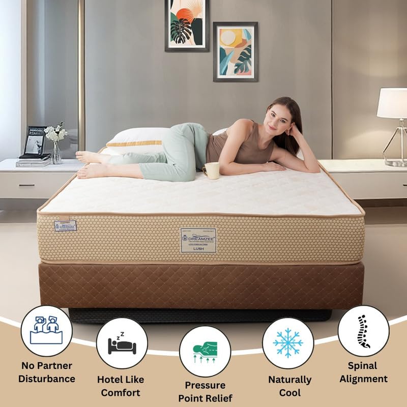 Image of DREAMZEE Lush 100% Natural Latex with Pocket Spring Mattress | Medium Soft Comfort | Eco-Institut Certified | Hybrid Series - Queen Size (75x60x10 Inches) | 10 Years Warranty