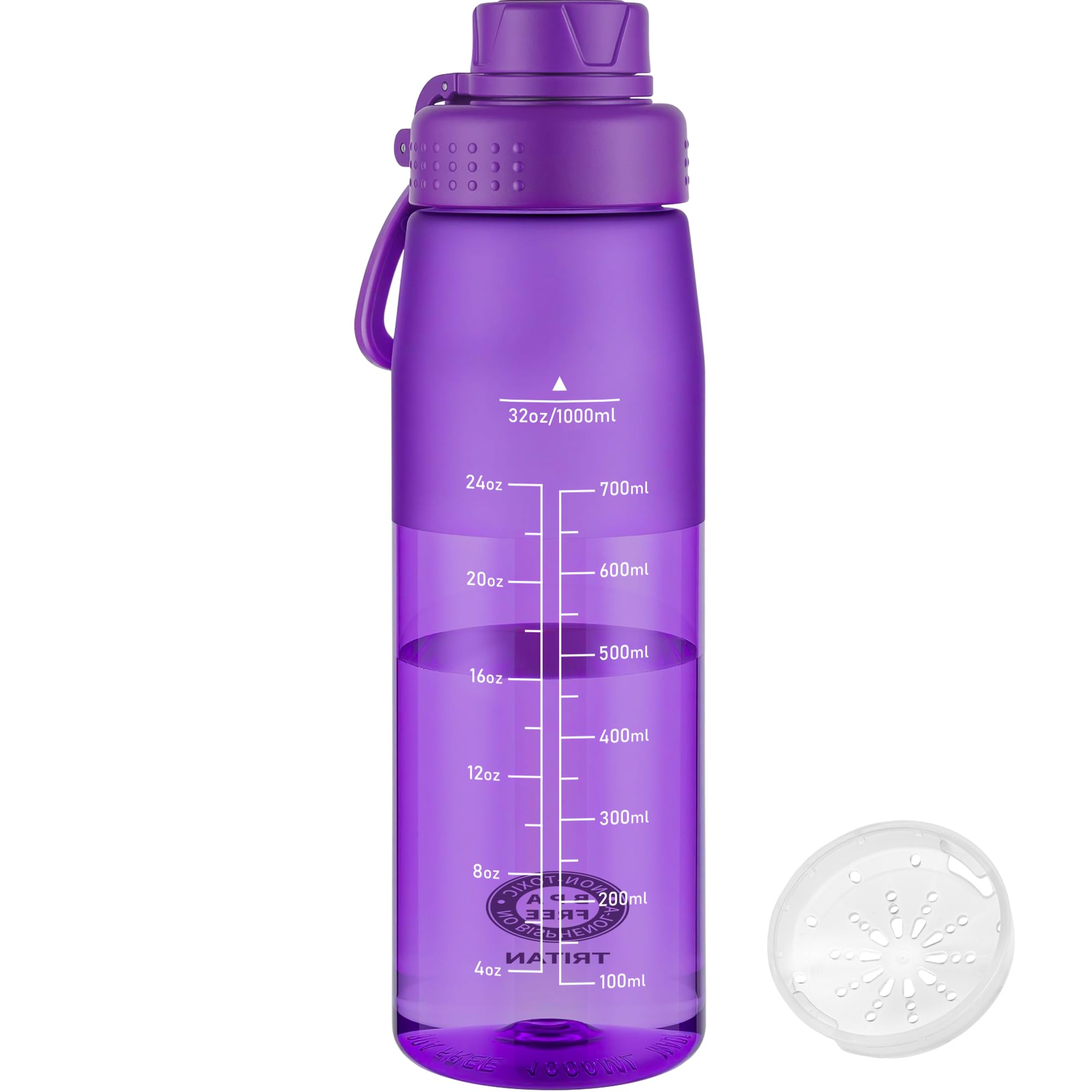 GOPPUS 1L/32oz Clear Tritan Water Bottle with Screw Lid, Drinks Bottle with Wide Mouth, Fruit Infuser, Leakproof, BPA Free, Carry Handle, Measurement Markings, Dust Cap (Purple)