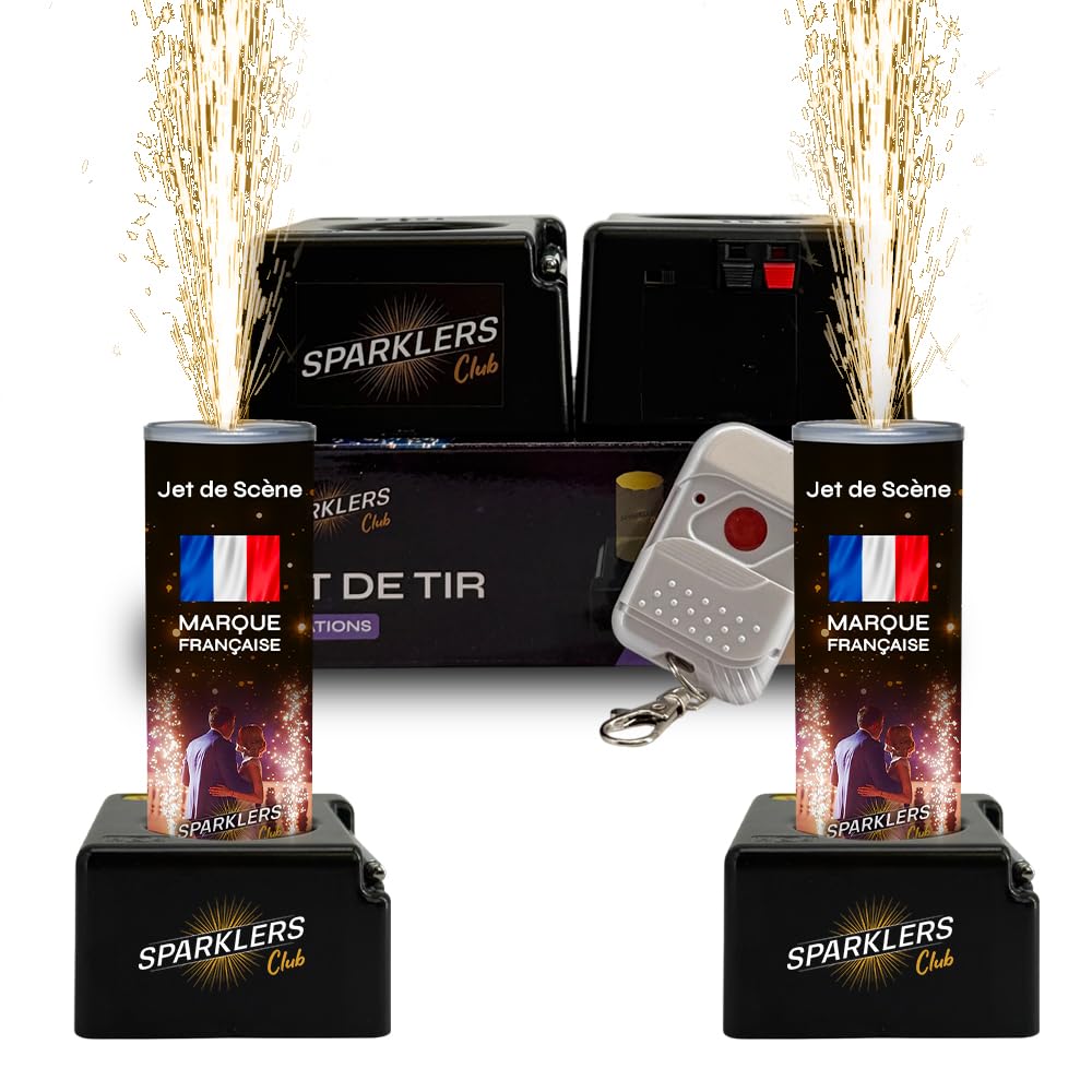 SPARKLERS CLUB Pack 2 Déclencheurs + 2 Jets de Scène 3 Mètres 60 Secondes couleur or - Pile et Télécommande Inclus - Jet de scène d'Intérieur à Étincelles pour Mariage - Catégorie F1