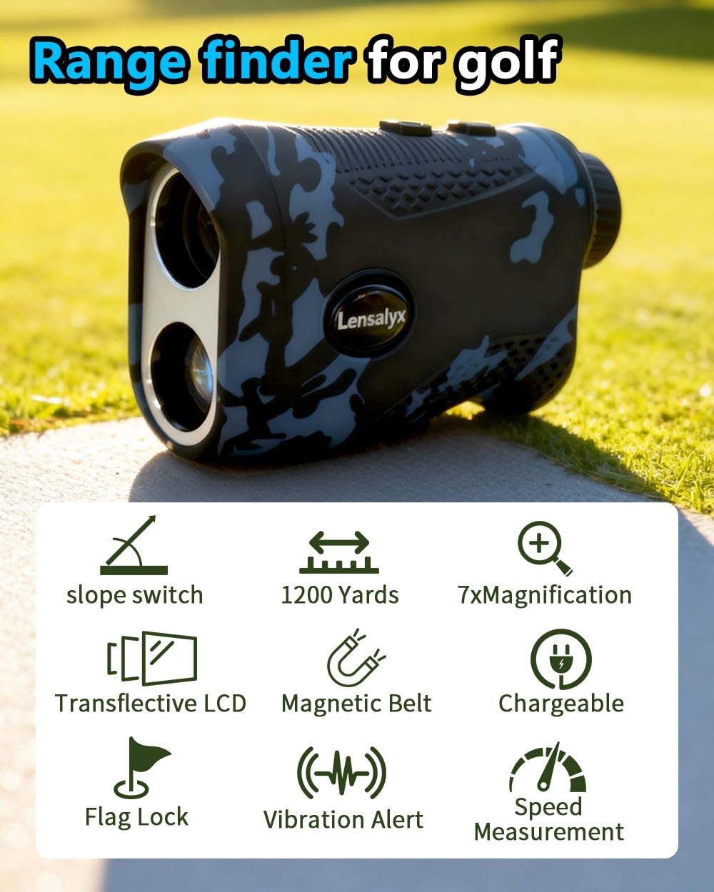Télémètre de golf avec pente – Télémètre laser de 1 200 m avec verrouillage du drapeau, grossissement 7x, verrouillage du mât avec vibration d'impulsion, rechargeable, bande magnétique