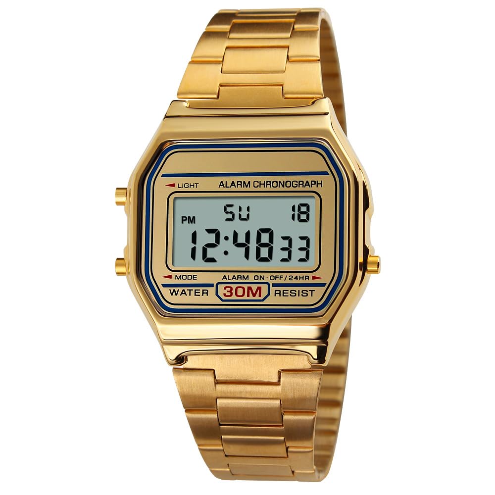 Men Lady Vintage Retro Gold Stainless Steel Digital Casual Watch Alarm Stopwatch