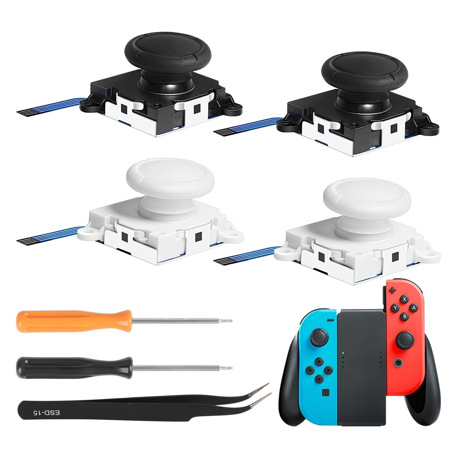 Switch Joystick Replacement Kit 4-Pack - Hall Effect 3D Analog Joysticks Repair Set Compatible with Nin tendo Switch, Switch OLED, Switch Lite & Joy-Con, Includes Precision Screwdrivers & Tweezer