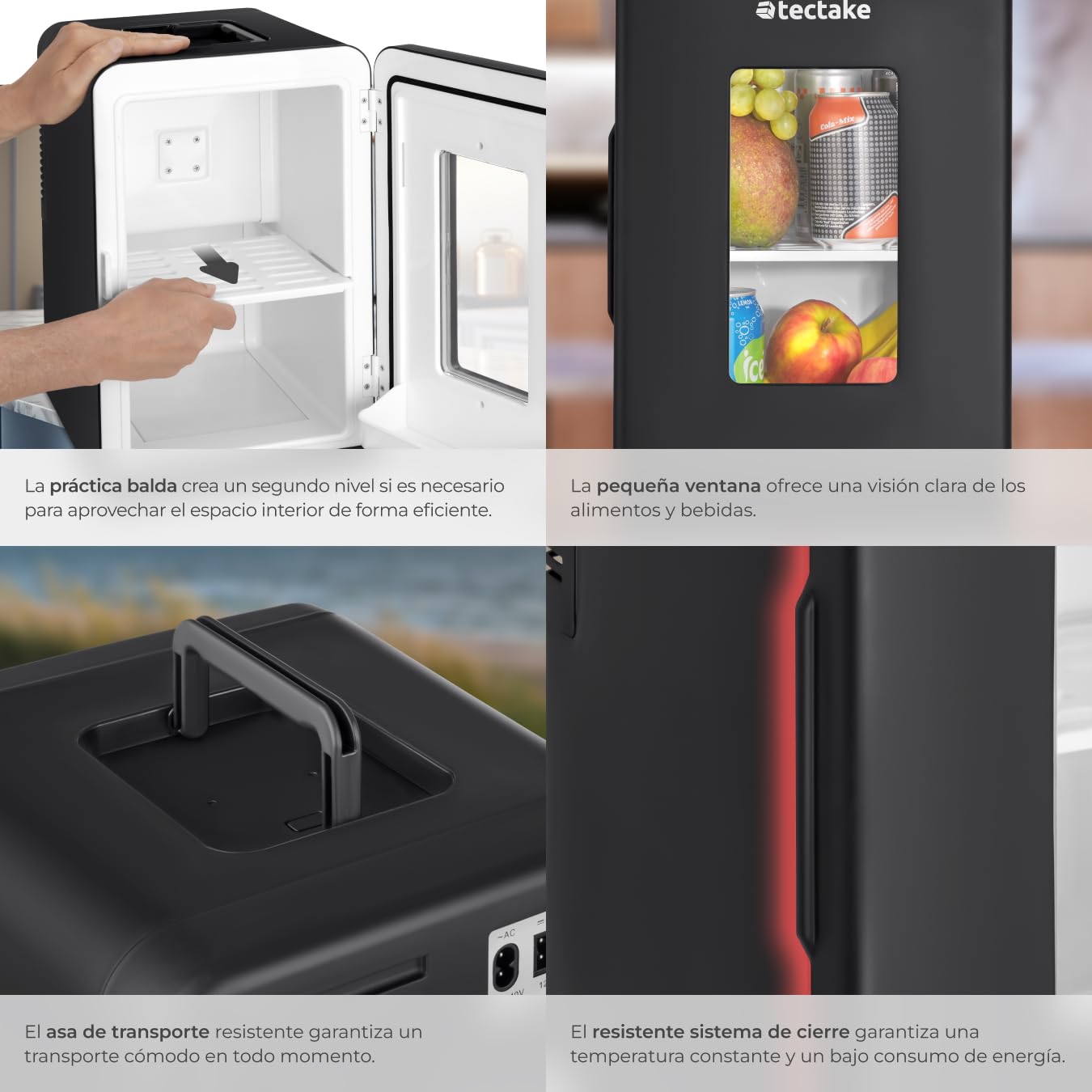 tectake® mini nevera portatil electrica, nevera pequeña para cosméticos, frigorificos pequeños 2 en 1 con función enfriamiento y calefacción, cables AC/DC y modo ECO - Negro