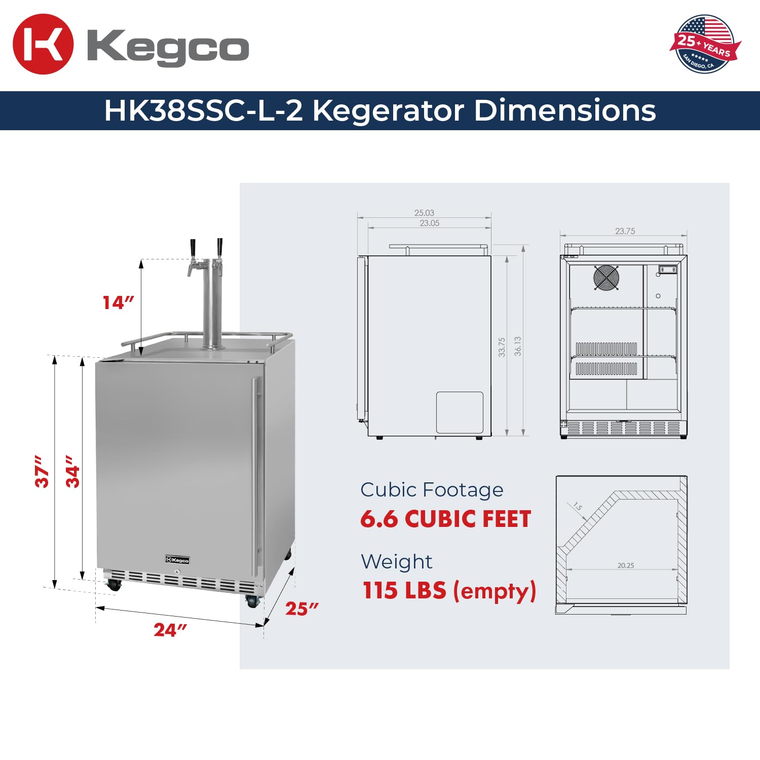Kegco Kegerator 24" Wide Dual Tap Stainless Steel Commercial Beer Dispenser Hk38ssc-L-2 on Fridge.com - View 3