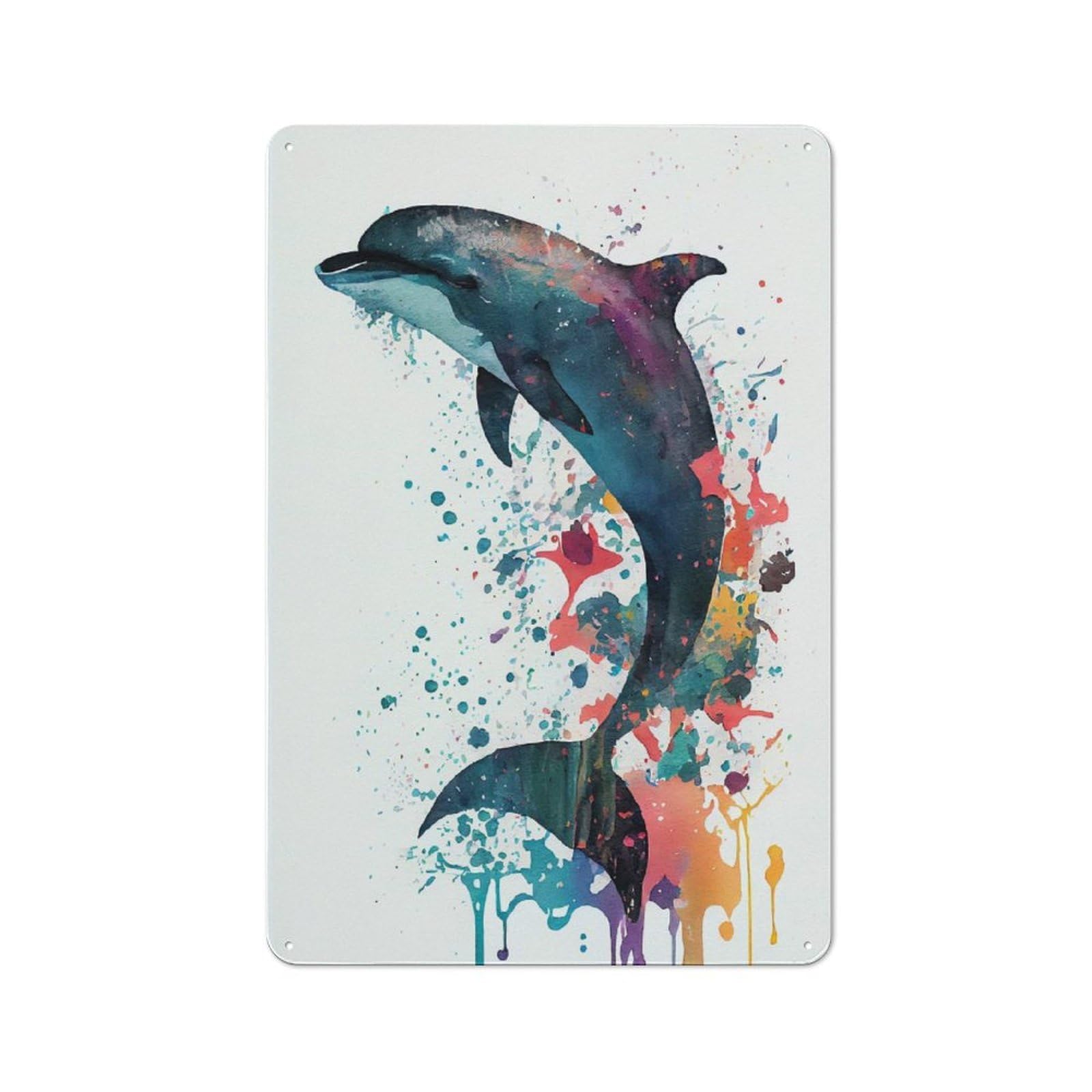 Junmoney Dolphin Watercolors Tin Wall Plaque 30X20cm With For Garage Or Workshop, For Kitchen, Dining Room And Home Bar Wall Decor