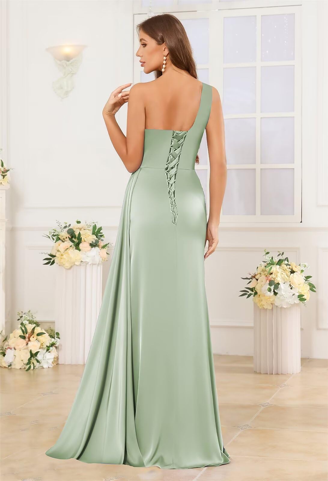Damen Eine Schulter Satin Brautjungfernkleider Lang - Abendkleider Elegant Ballkleider Für Hochzeit Mit Schlitz