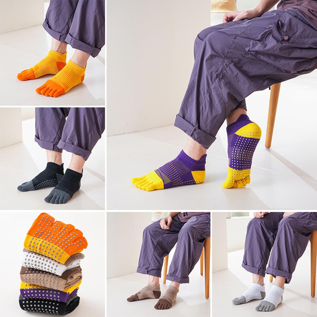 Lot de 5 paires de chaussettes antidérapantes pour homme - Pour pilates, yoga, football, basket-ball