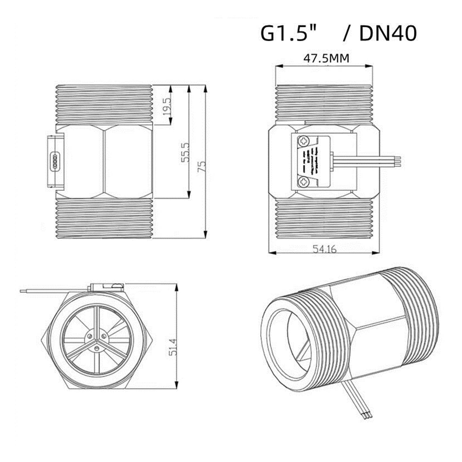 Misuratore di portata d'acqua, G1.5 "DN40 Sensore di flusso d'acqua Sensore Hall 1.75MPa Misuratore di portata a turbina DC5~24V utilizzato for misurare il flusso del mezzo