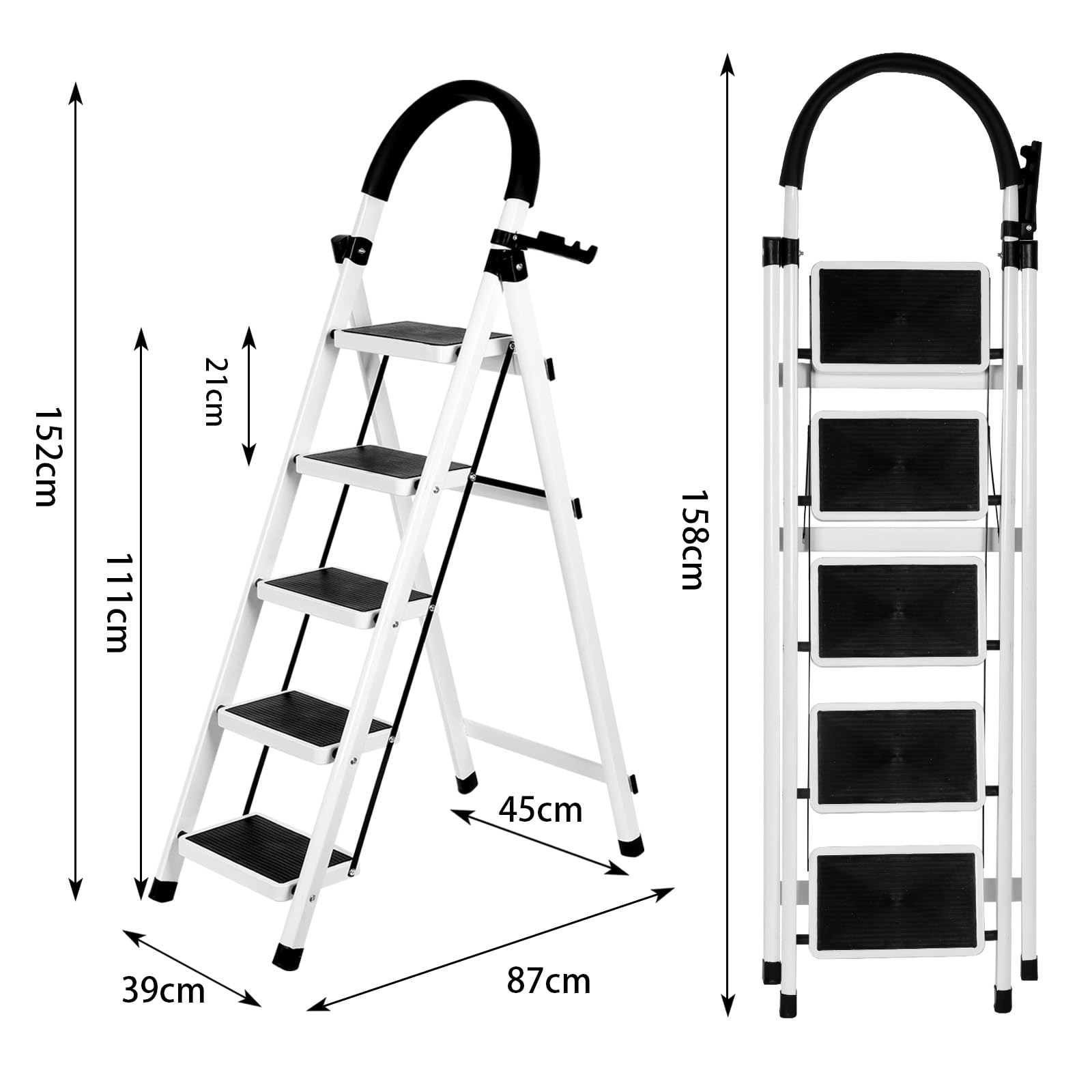 Escalera Plegable de Acero de 5 Peldaños, Escalera Doméstica Antideslizante con Barandilla para Cocina, Hogar y Oficina - Blanco | Antideslizante, Para Cocina, Para Hogar, Para Oficina, Doméstica