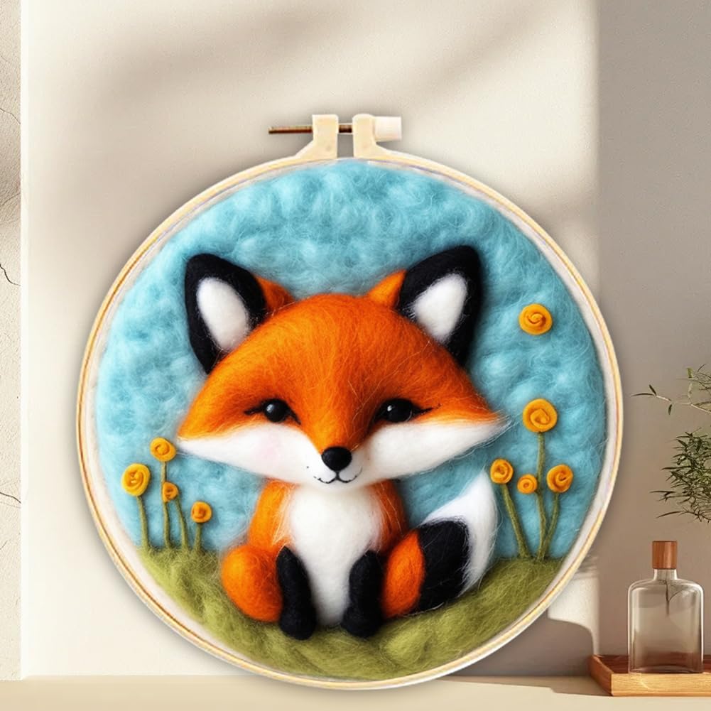 ABEUTY Needle Felting Kits for Beginners Adults, Fox Grassland Sky DIY Wool Felt Painting Starter Kit with Embroidery Hoop and Tools for Home Decor (Fox)