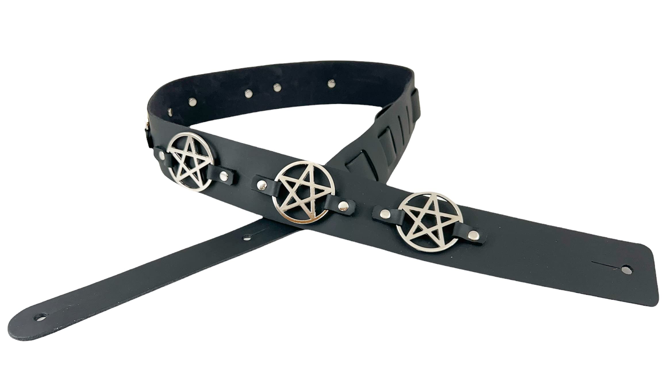 Funk Plus Pentagram Leather Guitar Strap Nail head Rivet Bass Acoustic Electric Guitar Goth Style (Silver)