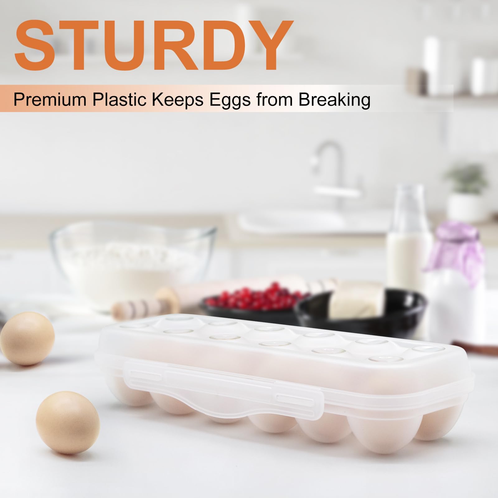 Soporte para huevos para refrigerador, organizador de huevos para refrigerador, bandeja portátil para huevos con tapa, almacenamiento apilable para huevos con hebilla de seguridad (1) 2