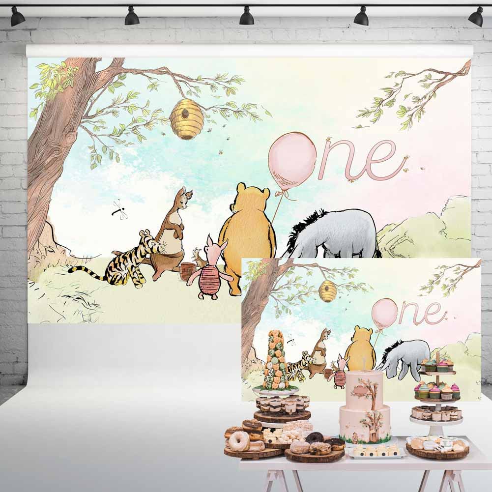 Vintage Pooh Bear Backdrop 1st Birthday Girl Watercolor Tree Pastel Sky Pink Balloon One Year Old Birthday Decorations Background Classic Pooh Cake