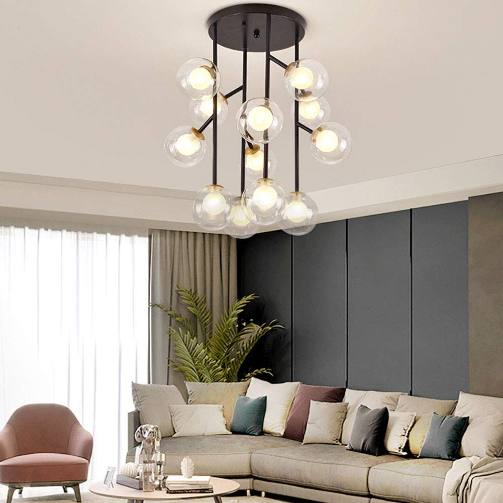 Nowoczesna lampa LED, 12 lampek nowoczesna czarna żelazna półwieczna lampa sufitowa retro lampa wisząca kompatybilna z kuchnią jadalnią salon ganek borridor