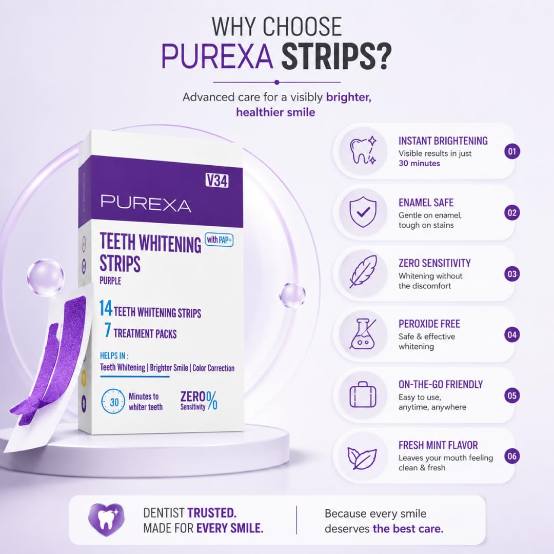Purexa V34 Teeth Whitening Strips with PAP+ (Pack of 1) – 7 Strips for 14 Applications | Enamel-Safe & Sensitivity-Friendly | Removes Tea, Coffee & Smoking Stains | Suitable for Men & Women 1