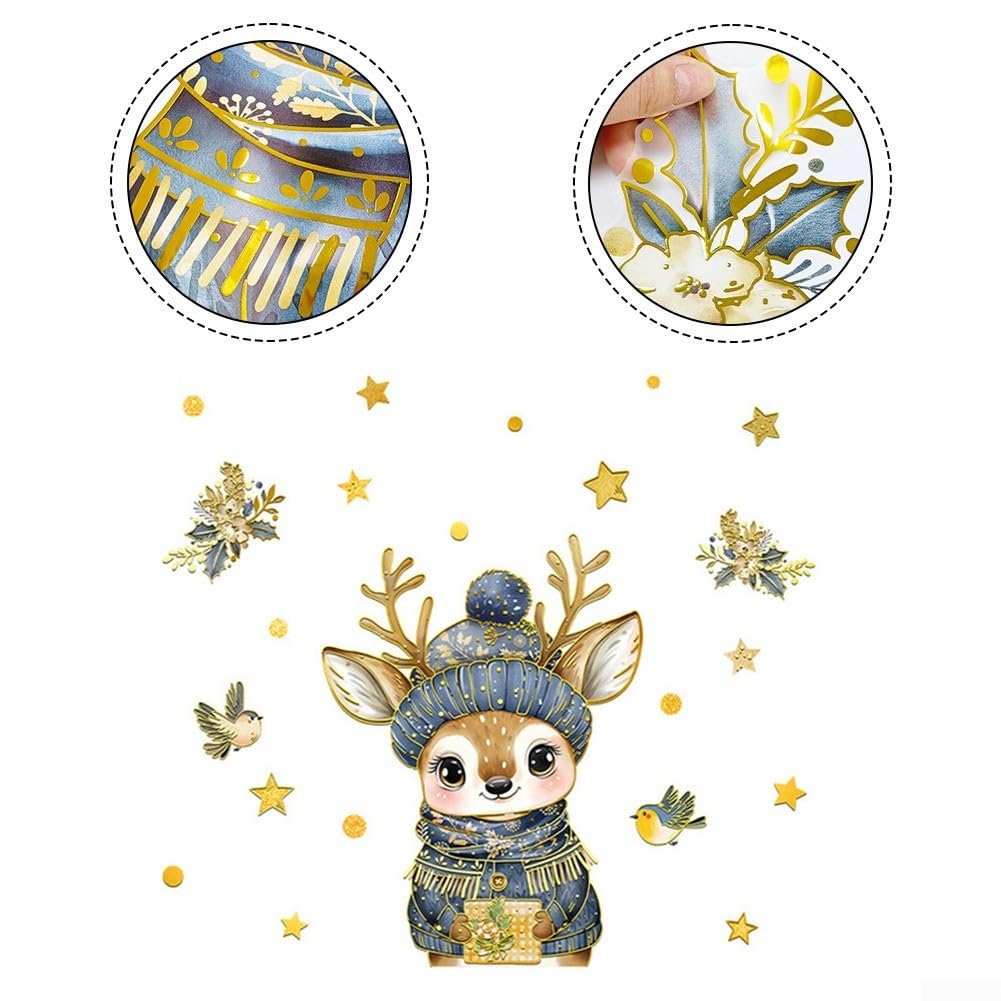 Calcomanía de ventana de Navidad de dibujos animados de alce dorado de PVC adhesivo de pared reutilizable para decoración del hogar de temporada 86 x 95 cm