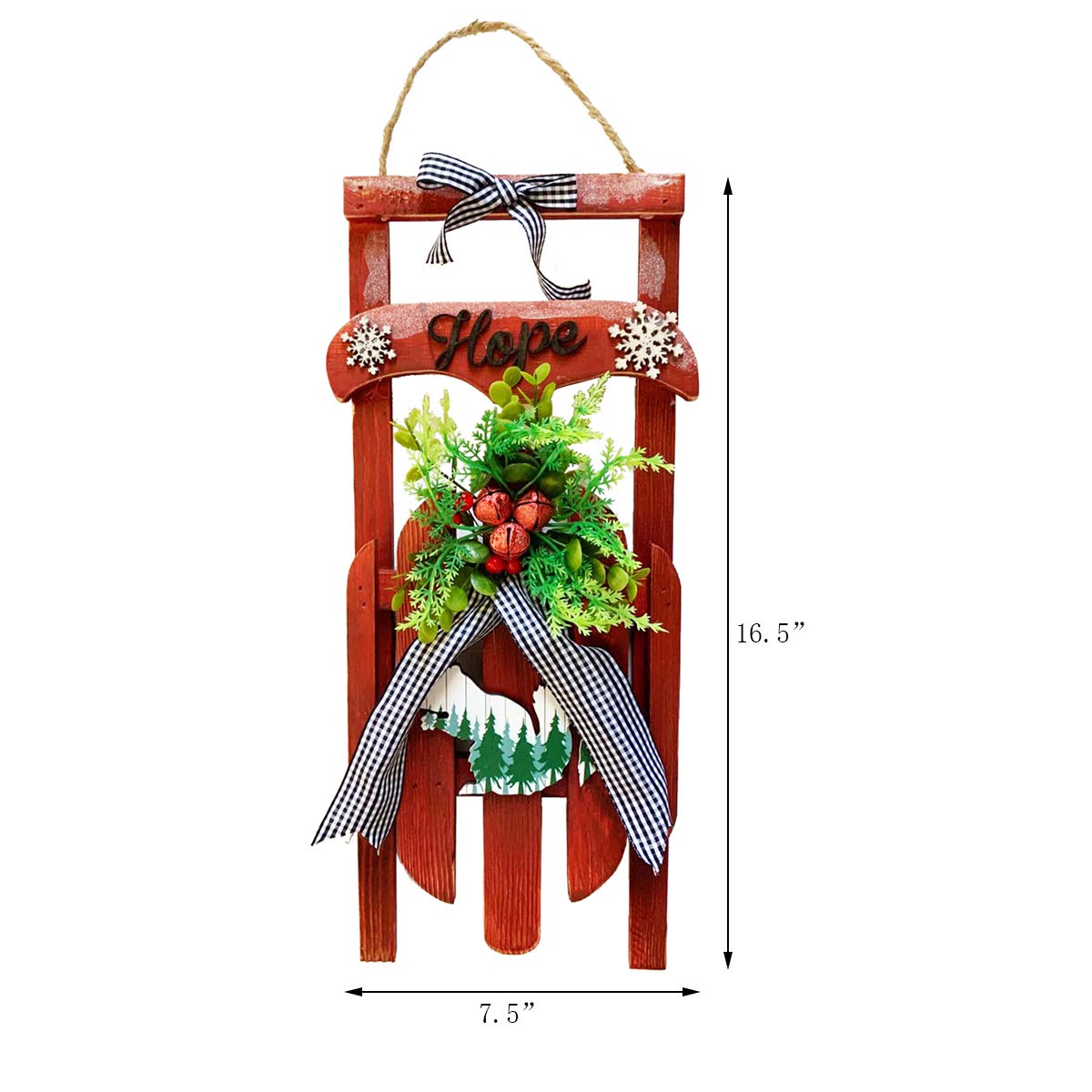 Rustikale Holzschlitten-Dekoration, altmodisch, dekorativer Schlitten zum Aufhängen mit Schriftzug "Hoffnung", Weihnachten, Schlitten für drinnen und draußen, Weihnachtsdekoration (16.5 H)
