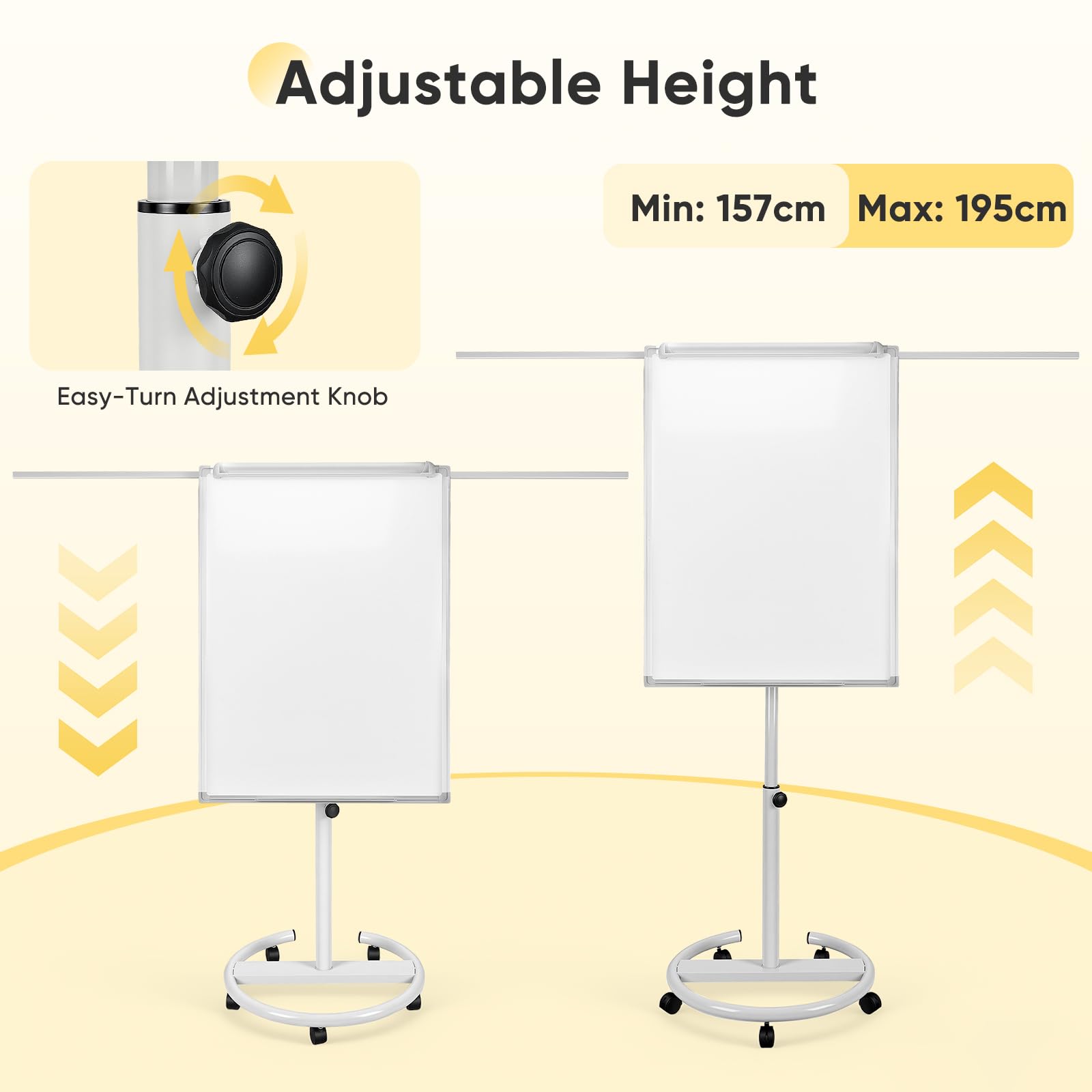 Magnetisches Mobiles Whiteboard & Flipchart Ständer 70x100 cm, Höhenverstellbar 157-195cm, fahrbare Moderationstafel mit 5 Rollen & Papierklammer, für Büro, Schule & Home Office (Weiß mit Schiebeclip)