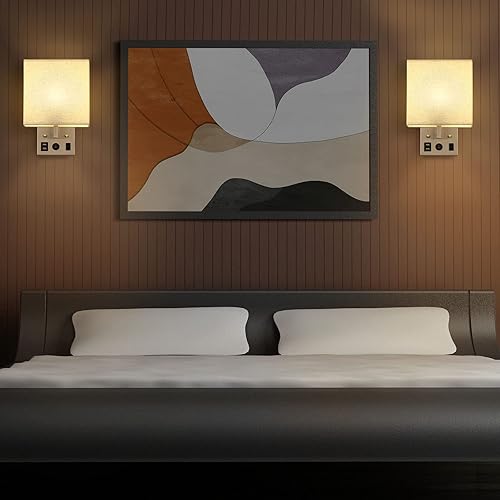 Miniatura 5 de BTY Juego de 2 apliques de pared modernos, lámparas de pared para dormitorio, enchufe con puertos de carga USB, apliques de enchufe de CA,