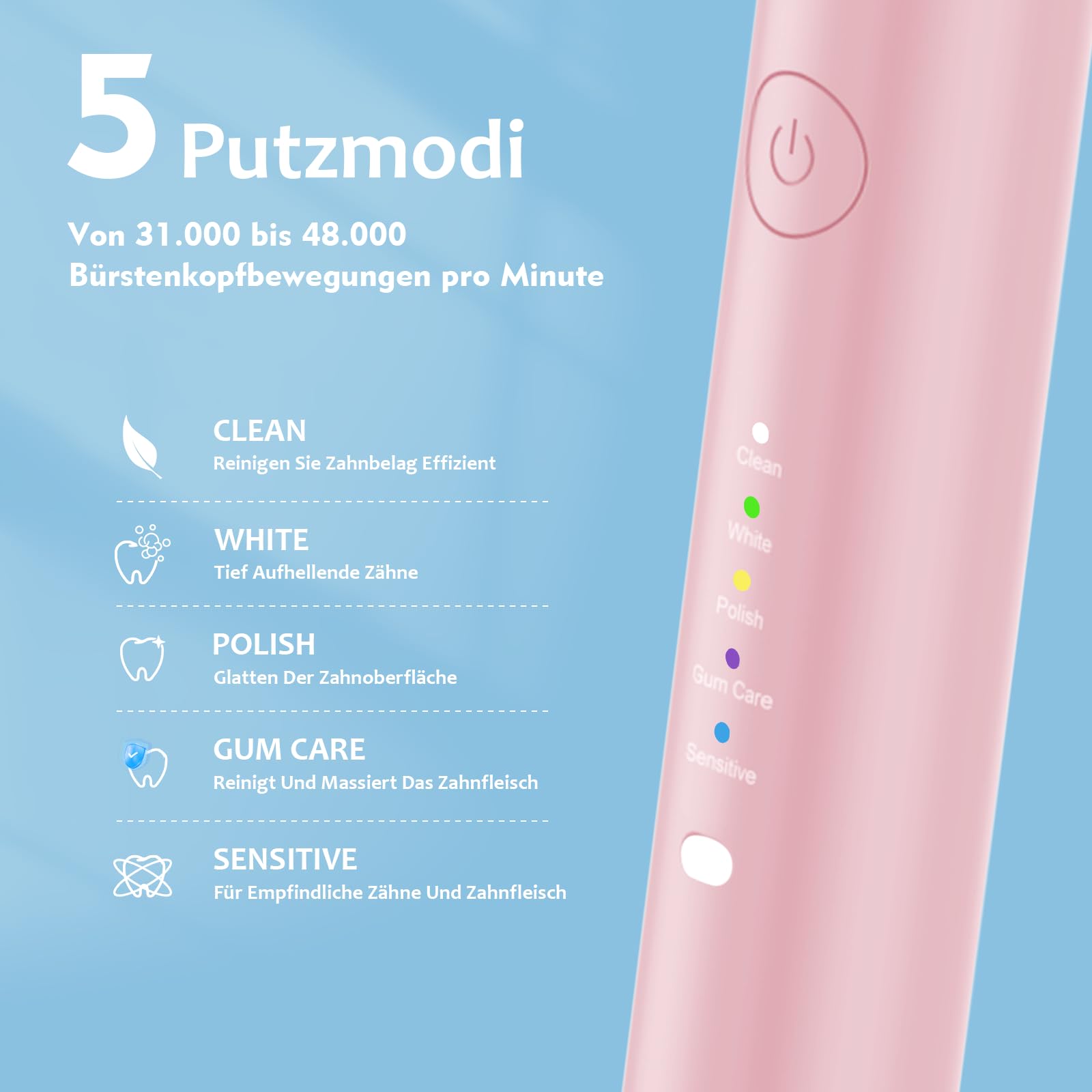 Lächen Spazzolino da denti elettrico, 5 modalità, spazzolino elettrico sonico con custodia da viaggio, 4 testine di ricambio, timer da 2 minuti, ricarica USB per 60 giorni, IPX7, impermeabile, colore