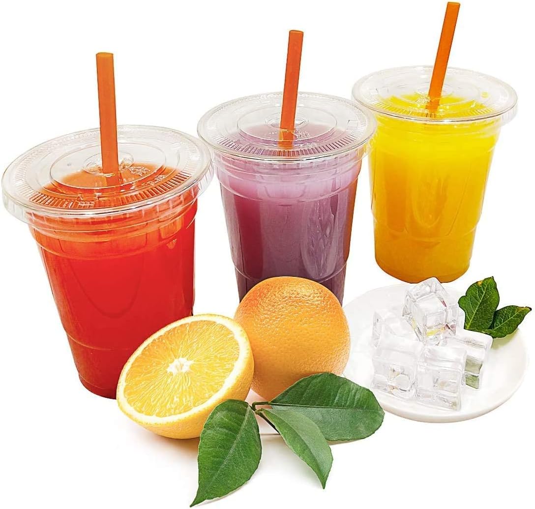 TashiBoxPlastic Cups with Flat Lids 100 Sets 16 oz, Clear Crystal drink cups with lids