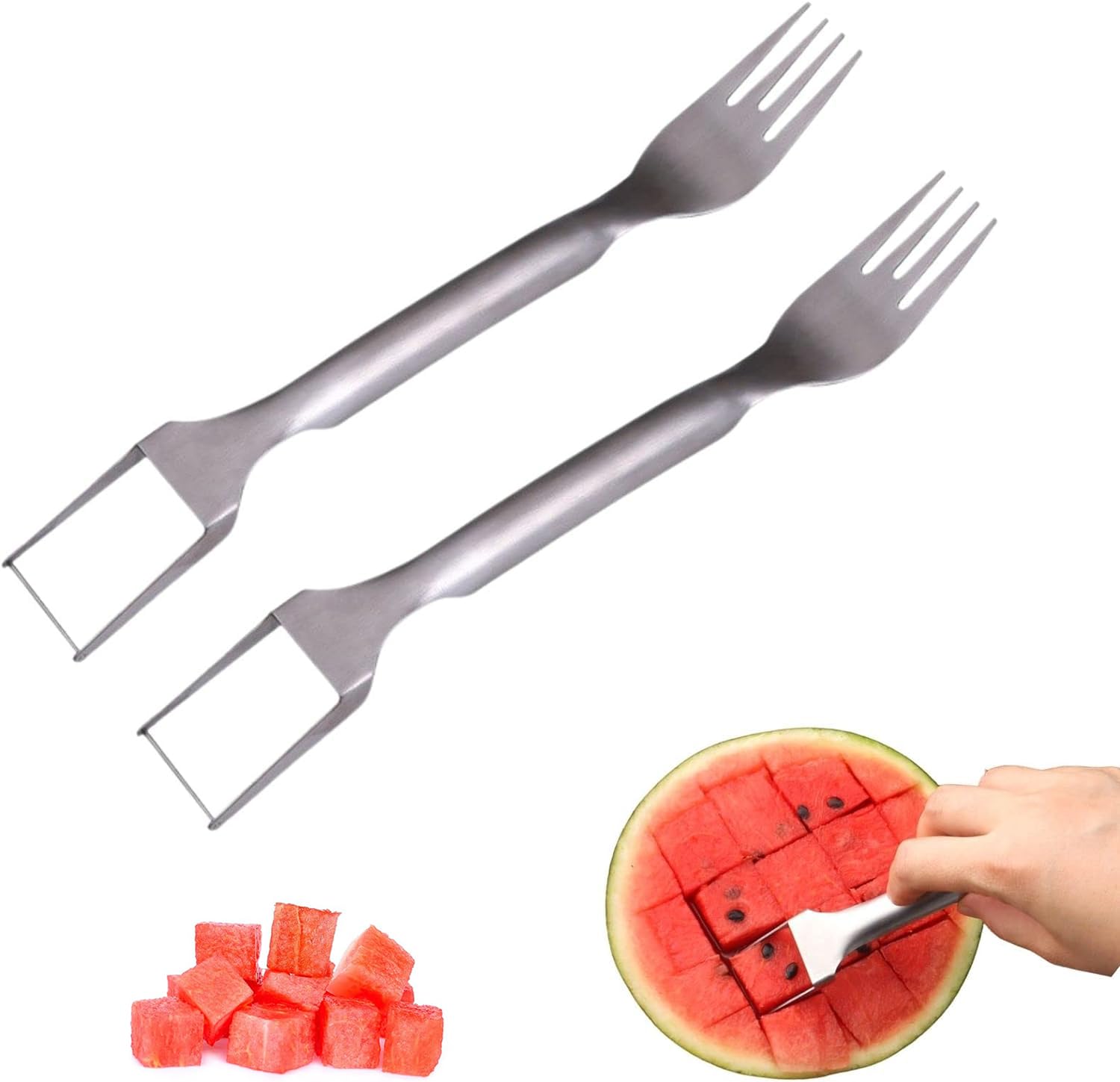 2PCS Watermelon Fork Slicer Cutter, Watermelon Fruit Slicer Cutter Tool,Dual Head Stainless Steel Fruit Forks Slicer Knife for Family Parties Camping
