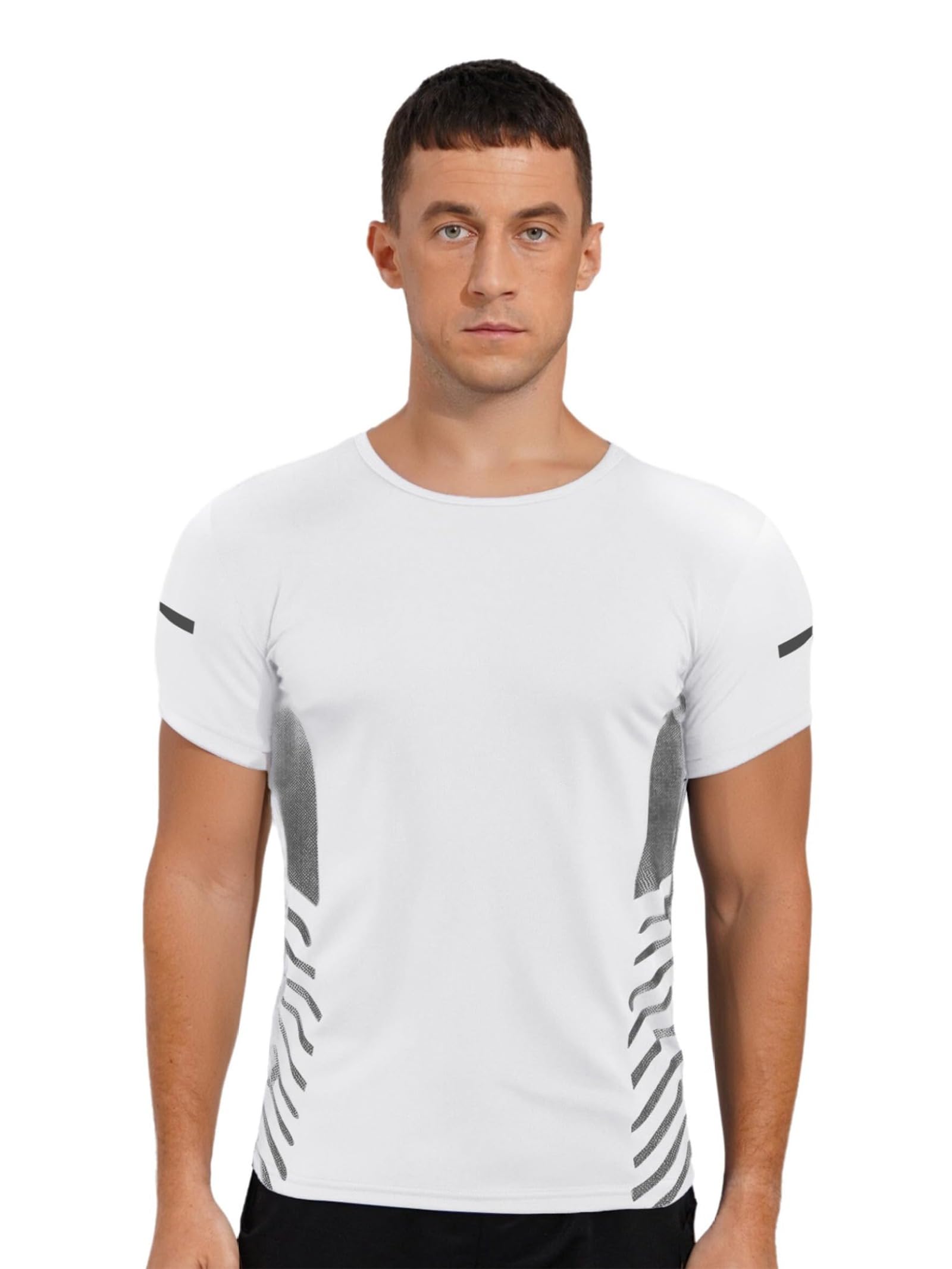 Camiseta de entrenamiento de secado rápido para hombre, transpirable, cuello redondo, manga corta con tira reflectante para gimnasio y correr — view 9