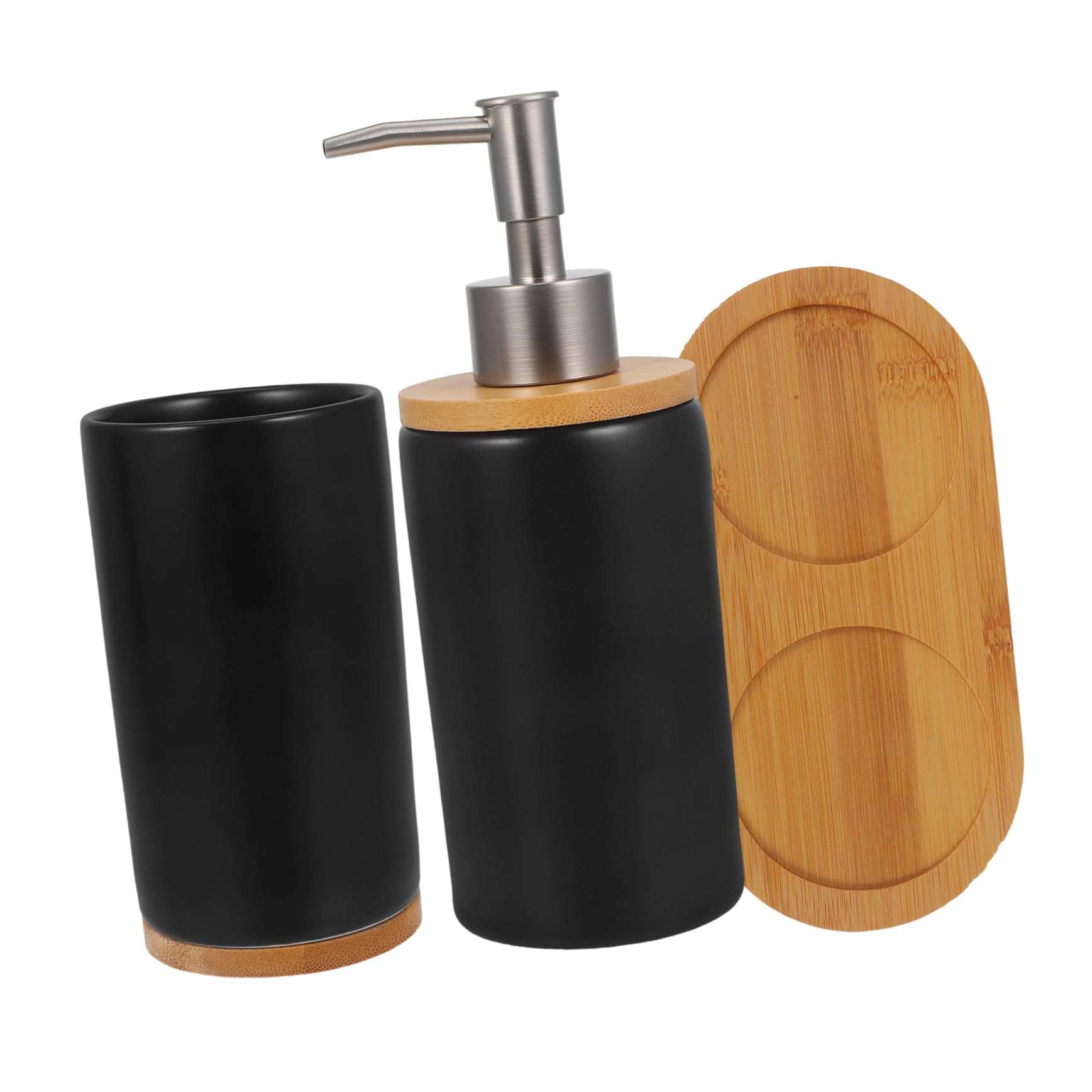 Badezimmer Accessoires Satz mit Zahnbürstenhalter Seifenspender (ca 430ml) aus Schwarzer Keramik und Bambus Zahnbürstenbecher (ca 350ml) und Ablage Stilvoll und Praktisch
