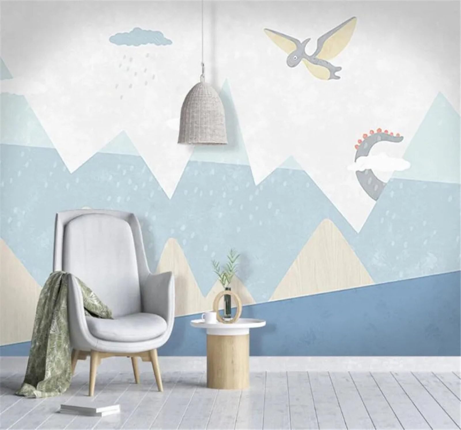 Tzxztt Hand Drawn Cartoon Geometric Mountains Dinosaurs Modern 3D Wallpaper Premium Textured Silk Neutral Tones Material Ideal for Living Room Bedroom-350cm×256cm