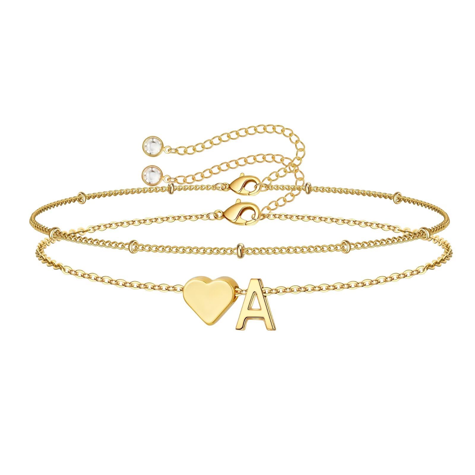 M MOOHAM Easter Gifts for Kids Teens Girls - 14K-Gold-Plated Heart Initial A-Z Bracelets for Women Girl Dainty Gold Bracelets Birthday Easter Basket