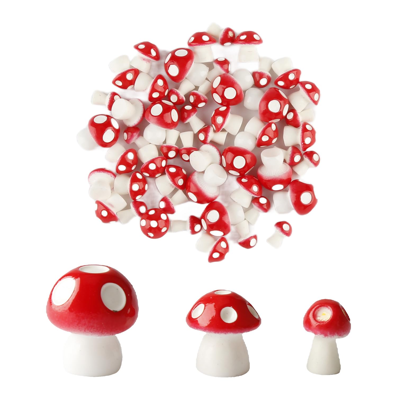 Wellrun Red 50Pcs Miniature Mushroom Figurines,3 Sizes Resin Fairy Garden Ornaments For Micro Landscape Bonsai Terrarium & Diy Craft Decorations