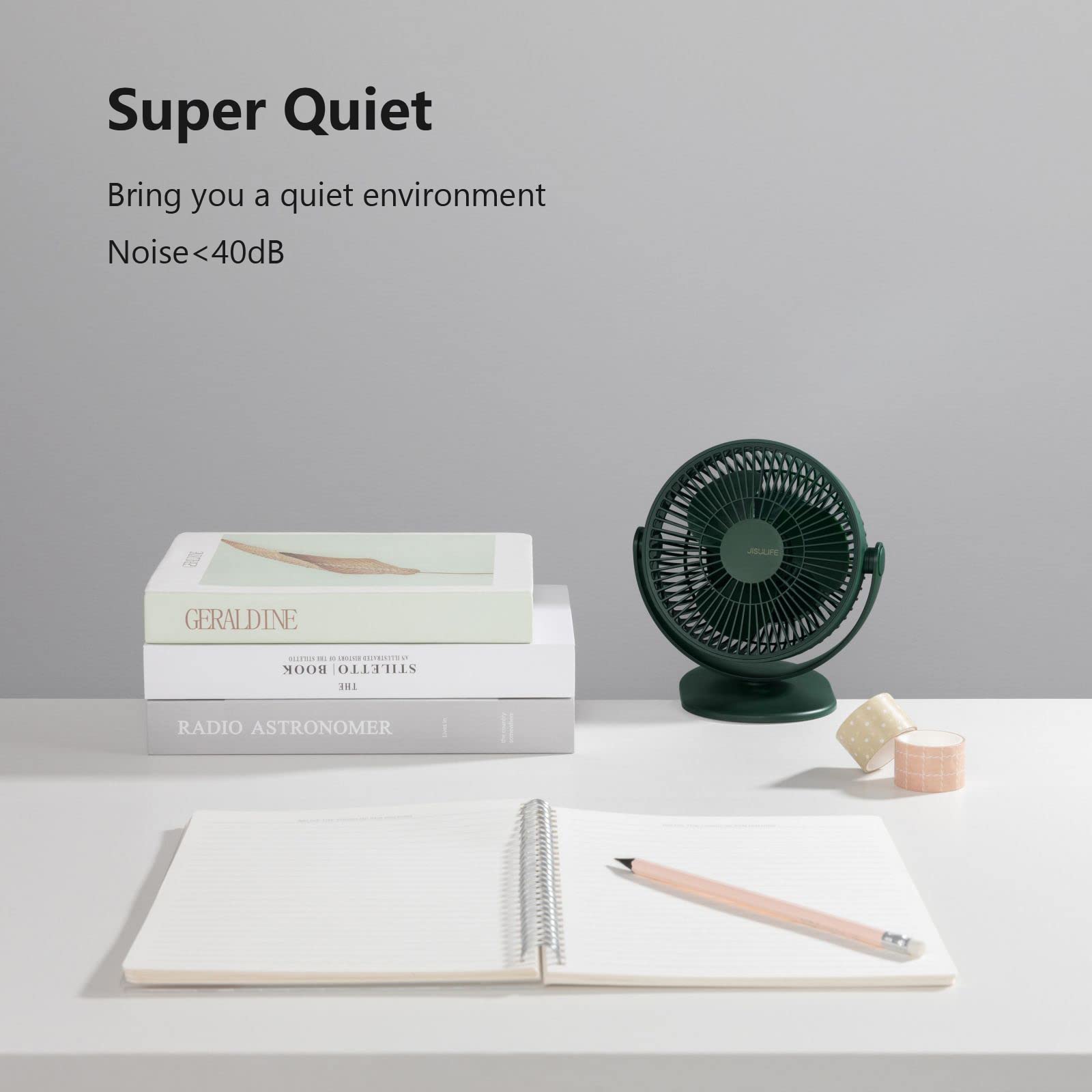 JISULIFE Mini Ventola da Scrivania con Clip, per Passeggino, Piccola Ricaricabile USB da 4000 mAh con Vento Forte, 16 Ore, 4 Modalità, a Basso Rumore - Verde