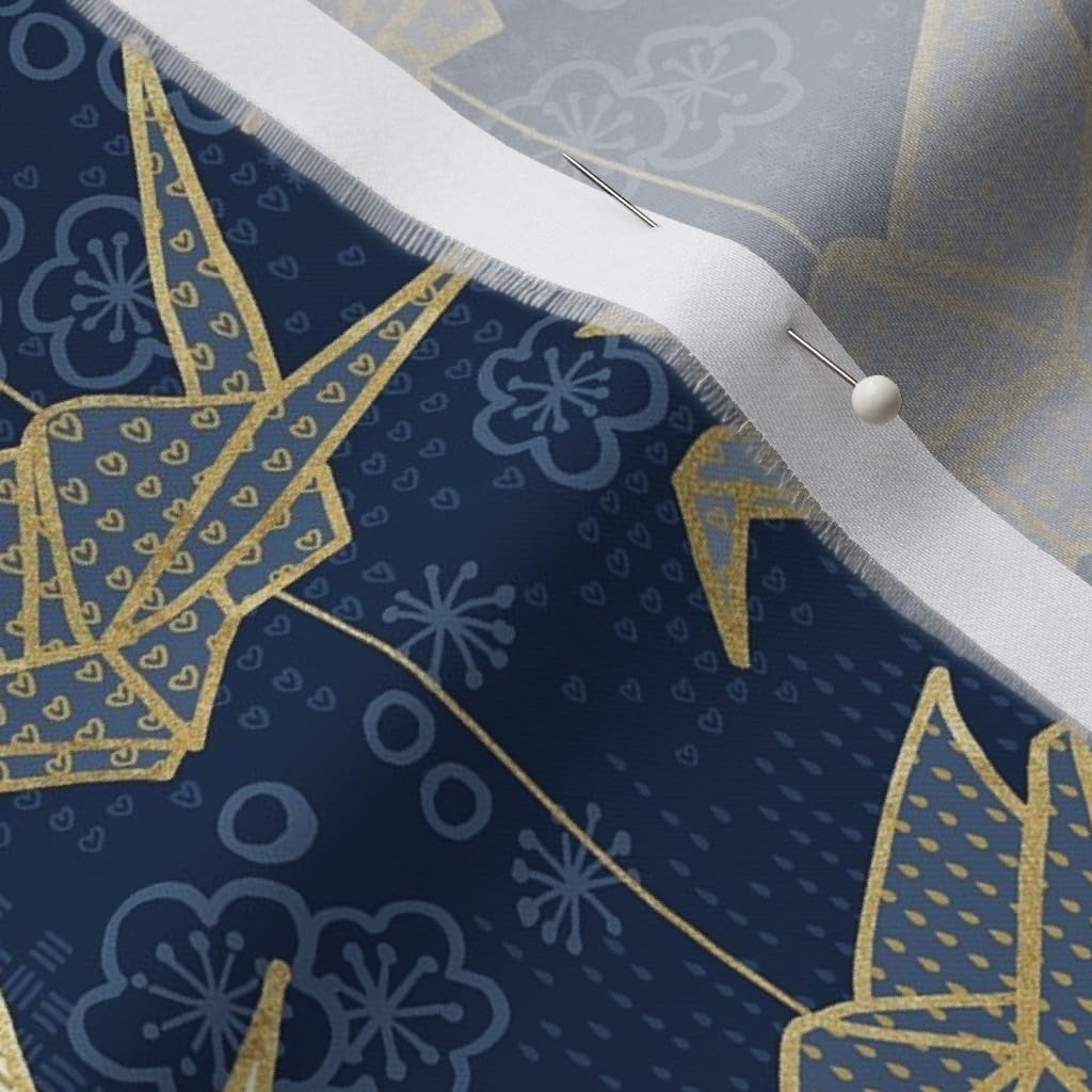 Spoonflower Fabric - Luck Cranes Small Scale Bird Blue Gold Japan Japanese Elegant Novelty Printed on Organic Cotton Sateen Fabric by The Yard - Sewing Quilting Apparel Home Decor