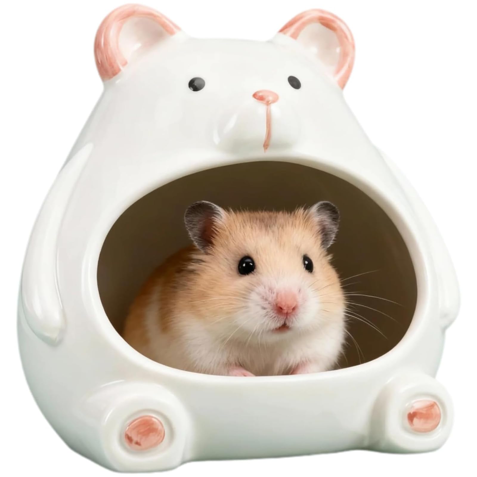 YcsRnn Ceramic Hamster House, Cute Animal Shape Hamster Cave Summer Cool Small Animal Hideout Habitat Decor for Summer Dwarf Hamster Gerbil Mice Golden Bear(White-Large)