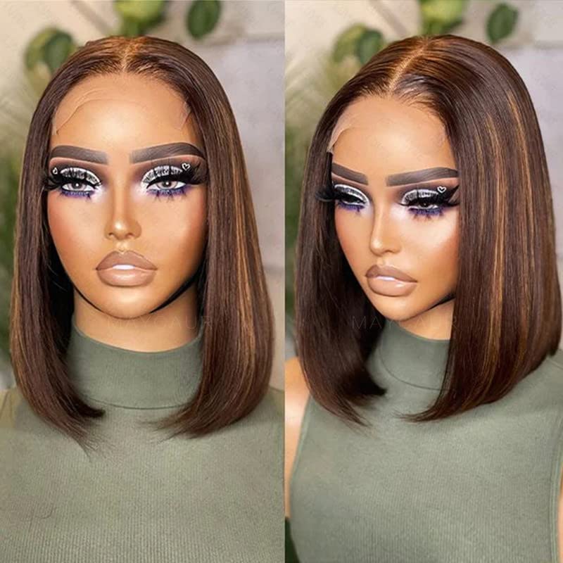 Maycaur Full Lace Human Hair Wigs Straight Brown Blonde Mixed Color Bob Brazilian Virgin Hair Lace Front Wigs for Fashion Women Glueless Wig 150 Density(12 inch lace front)